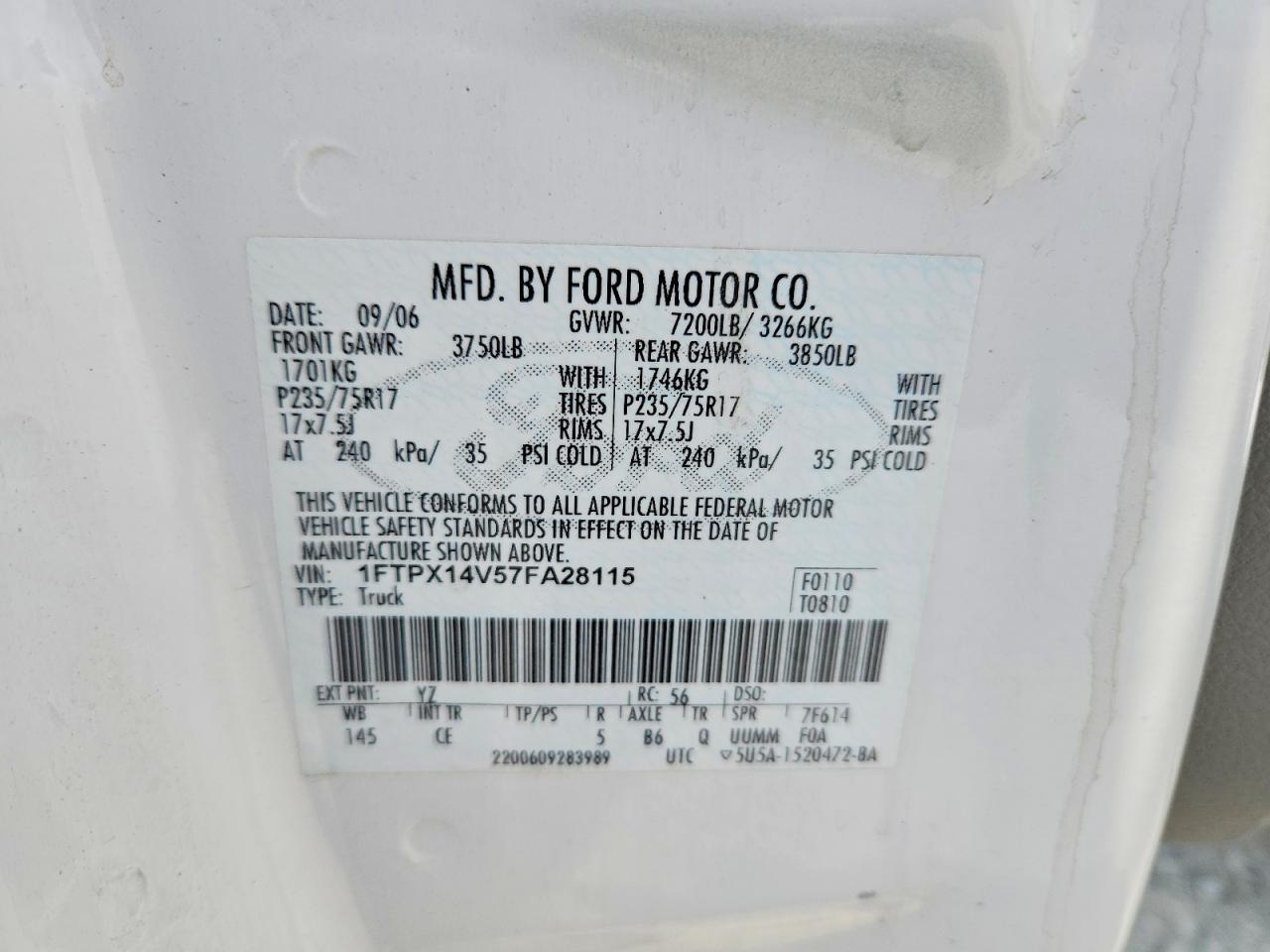 2007 Ford F150 White vin: 1FTPX14V57FA28115