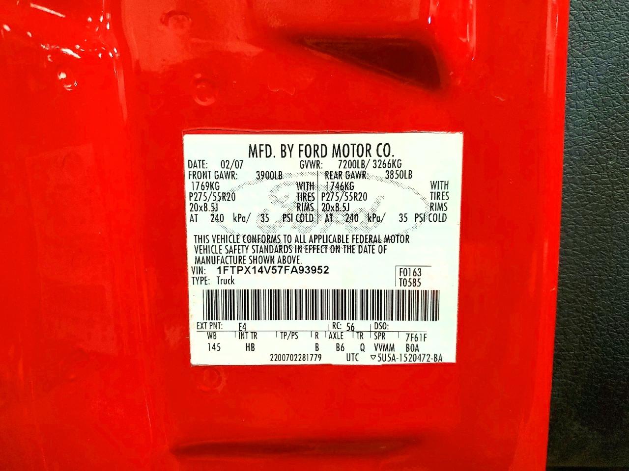 2007 Ford F150 Red vin: 1FTPX14V57FA93952