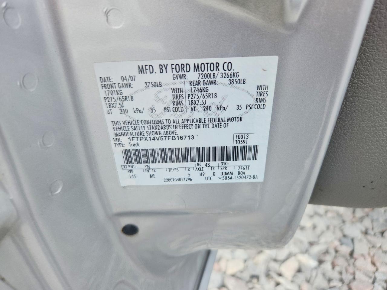 2007 Ford F150 Silver vin: 1FTPX14V57FB16713
