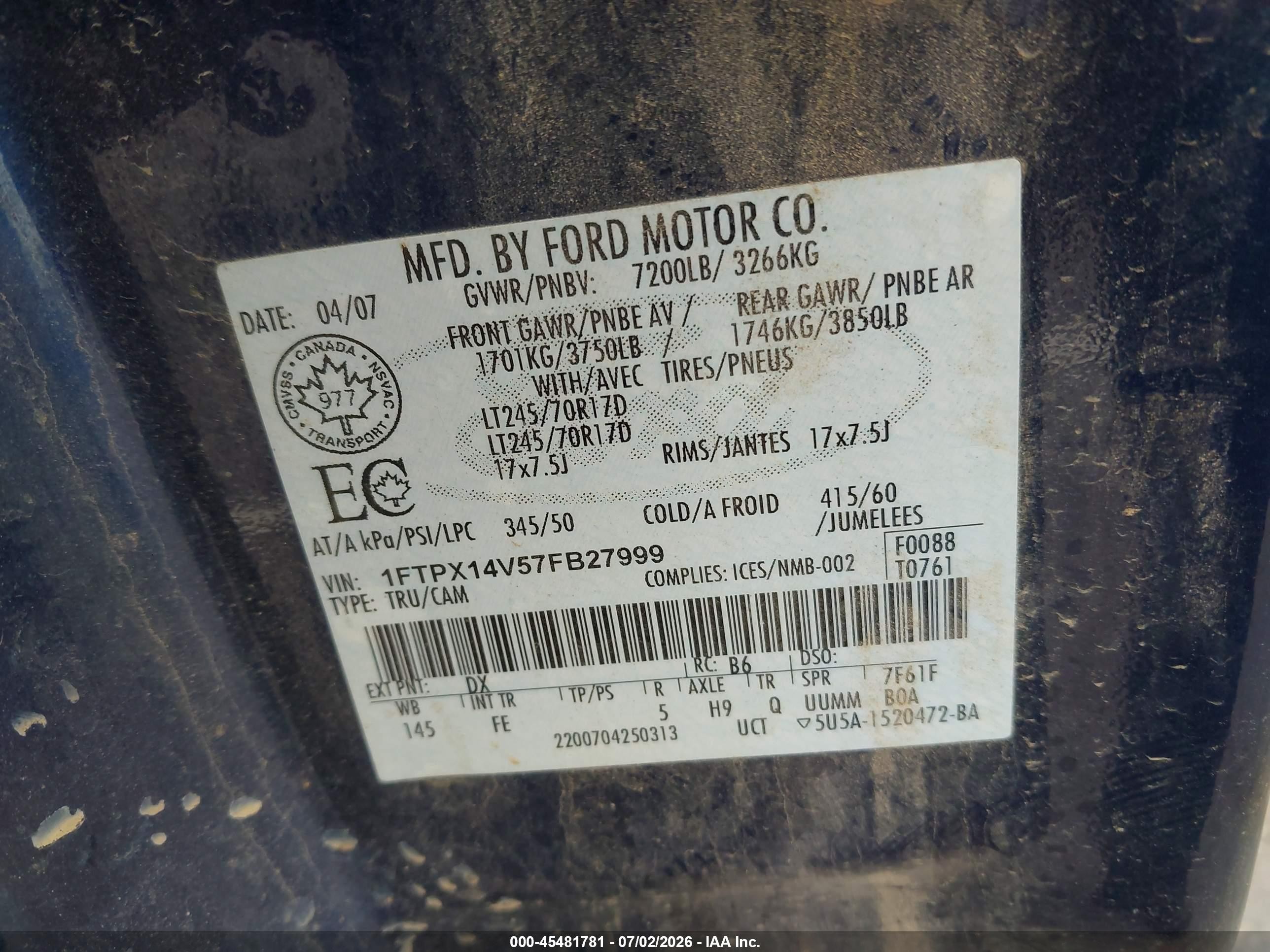 2007 Ford F-150 Fx4/lariat/xl/xlt Blue vin: 1FTPX14V57FB27999
