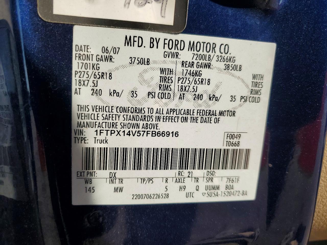 2007 Ford F150 Blue vin: 1FTPX14V57FB66916