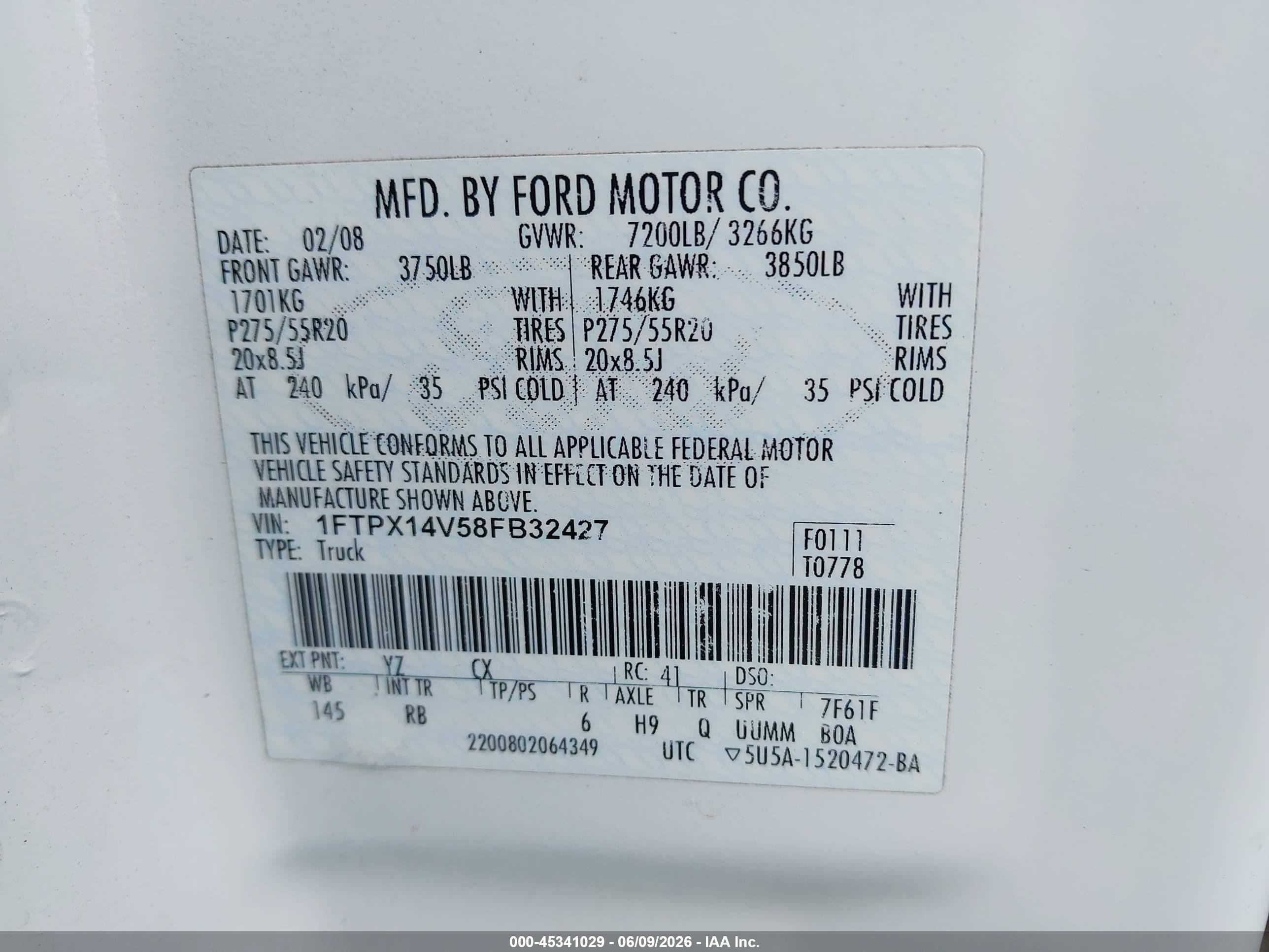 2008 Ford F-150 60th Anniversary/fx4/lariat/xl/xlt White vin: 1FTPX14V58FB32427