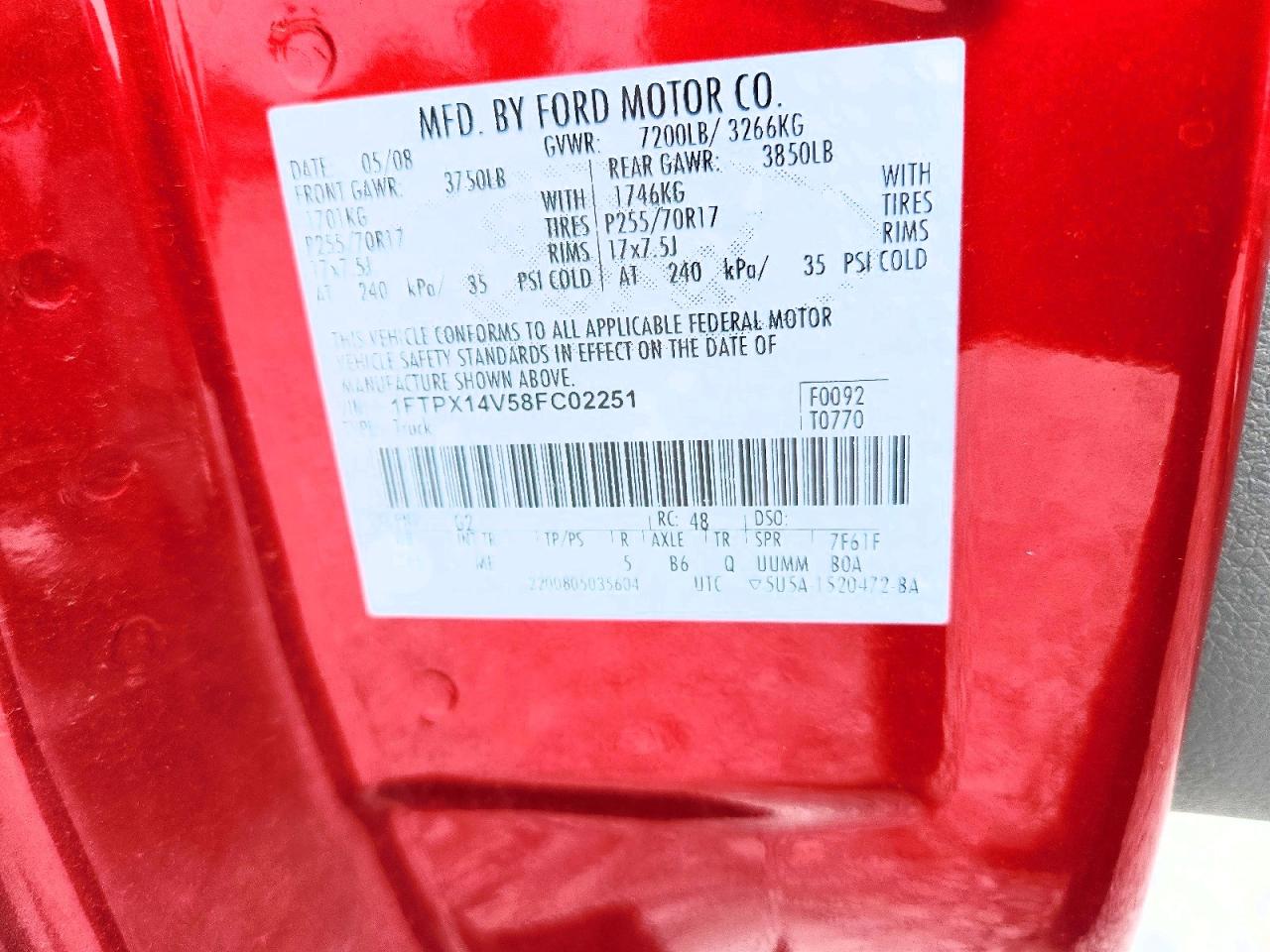 2008 Ford F150 Red vin: 1FTPX14V58FC02251