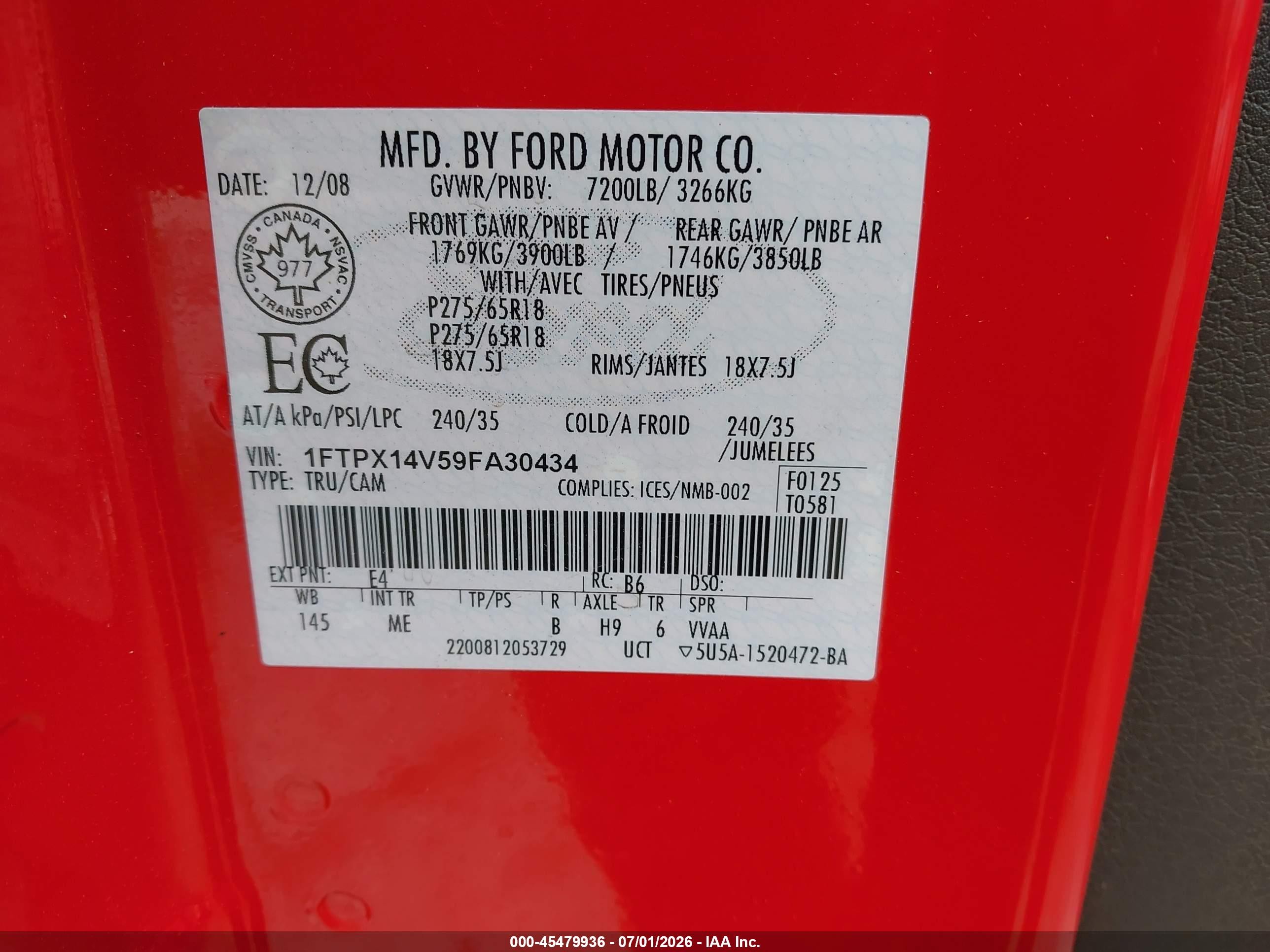 2009 Ford F-150 Fx4/lariat/xl/xlt Red vin: 1FTPX14V59FA30434
