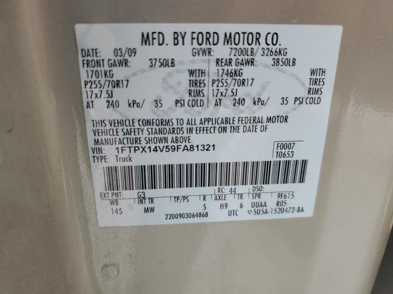 2009 Ford F150 Super Cab Beige vin: 1FTPX14V59FA81321