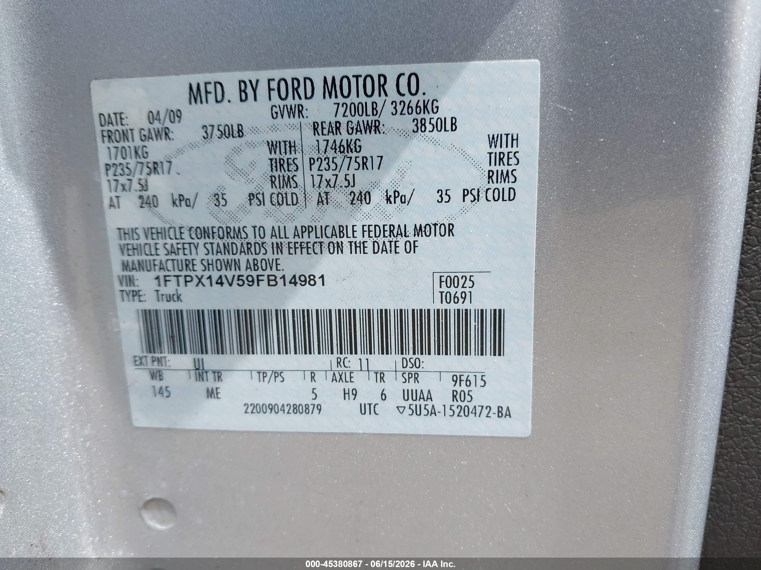 2009 Ford F-150 Fx4/lariat/xl/xlt Gray vin: 1FTPX14V59FB14981