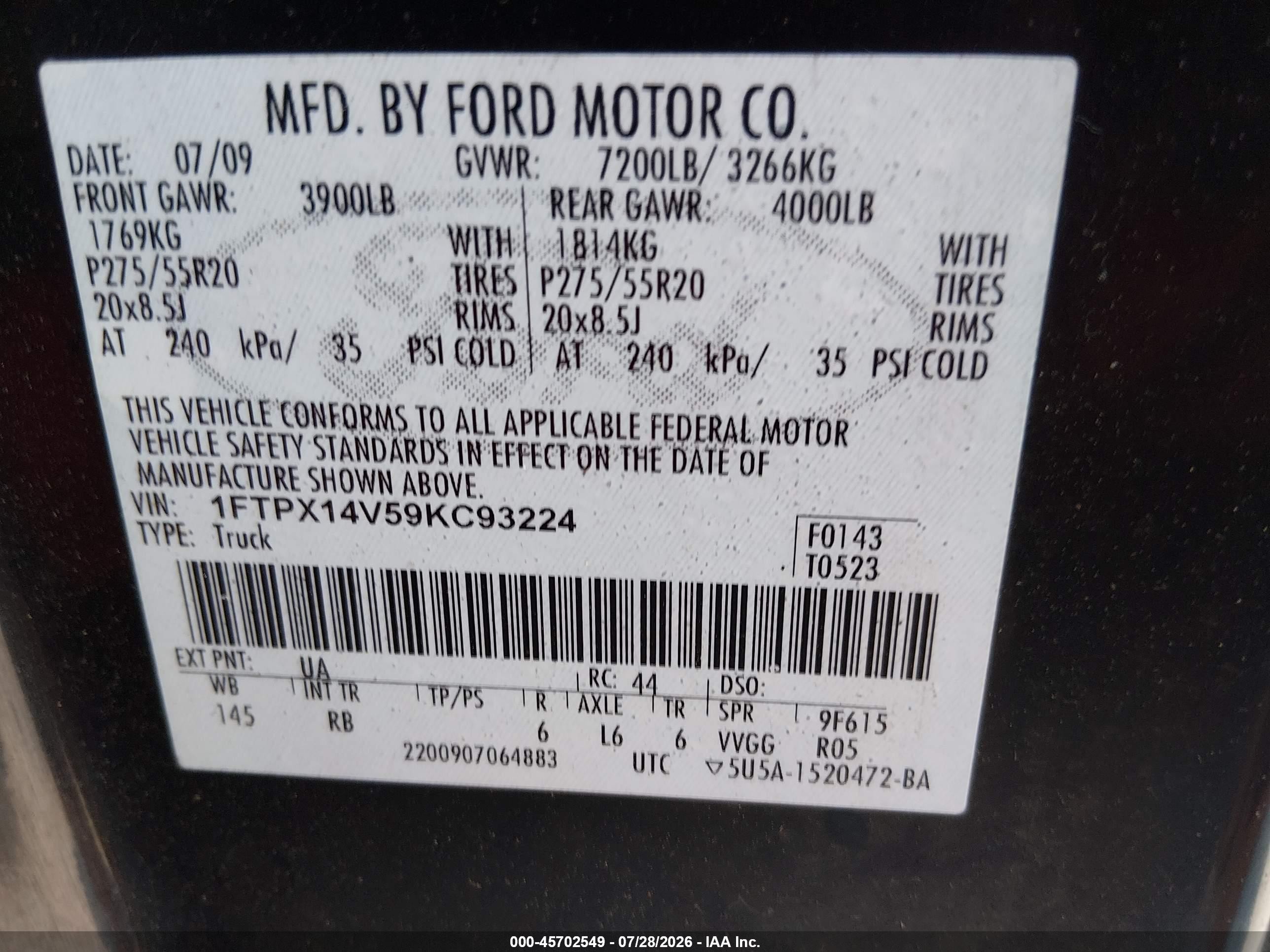 2009 Ford F-150 Fx4/lariat/xl/xlt Black vin: 1FTPX14V59KC93224