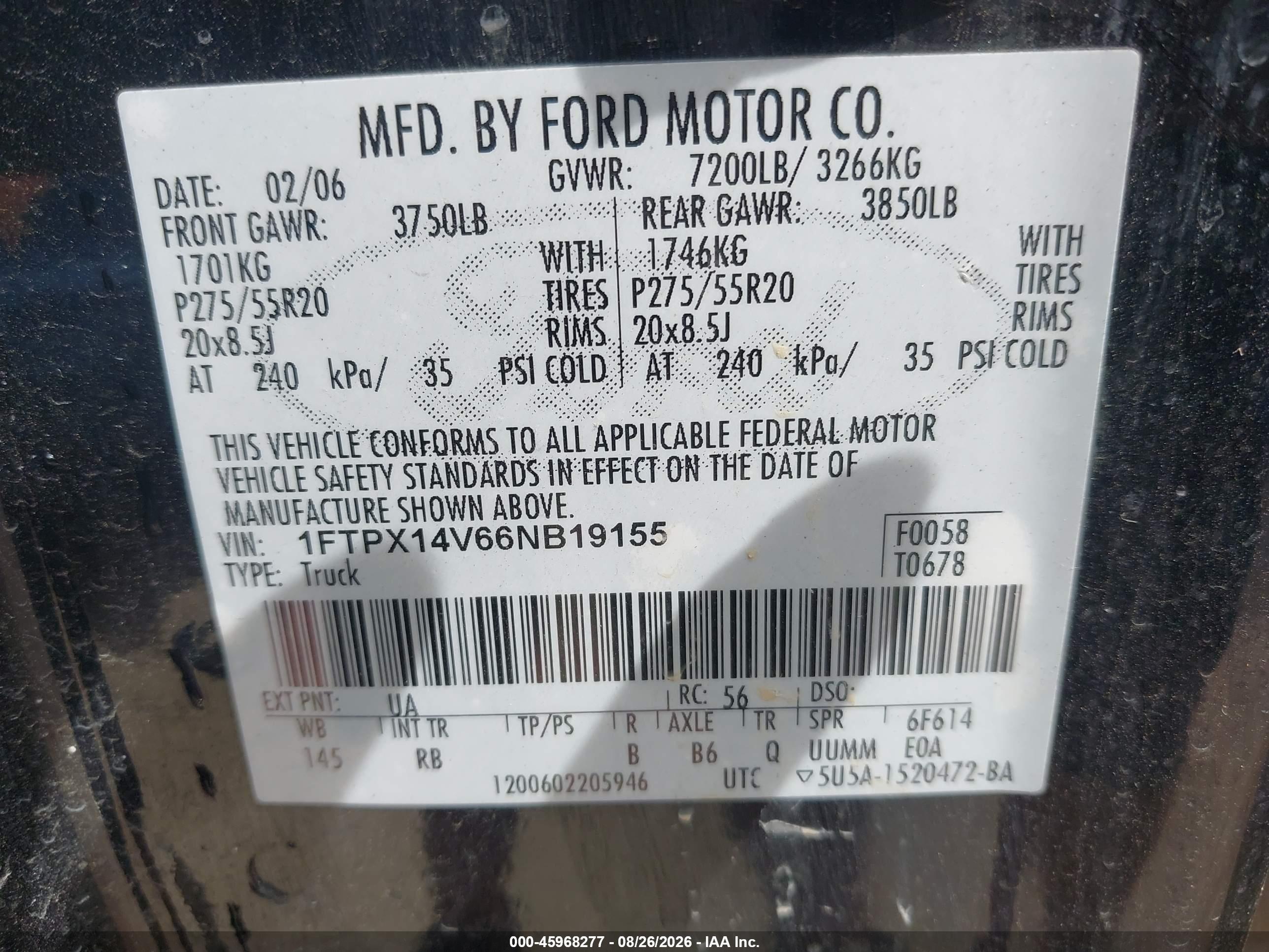 2006 Ford F-150 Fx4/lariat/xl/xlt Black vin: 1FTPX14V66NB19155