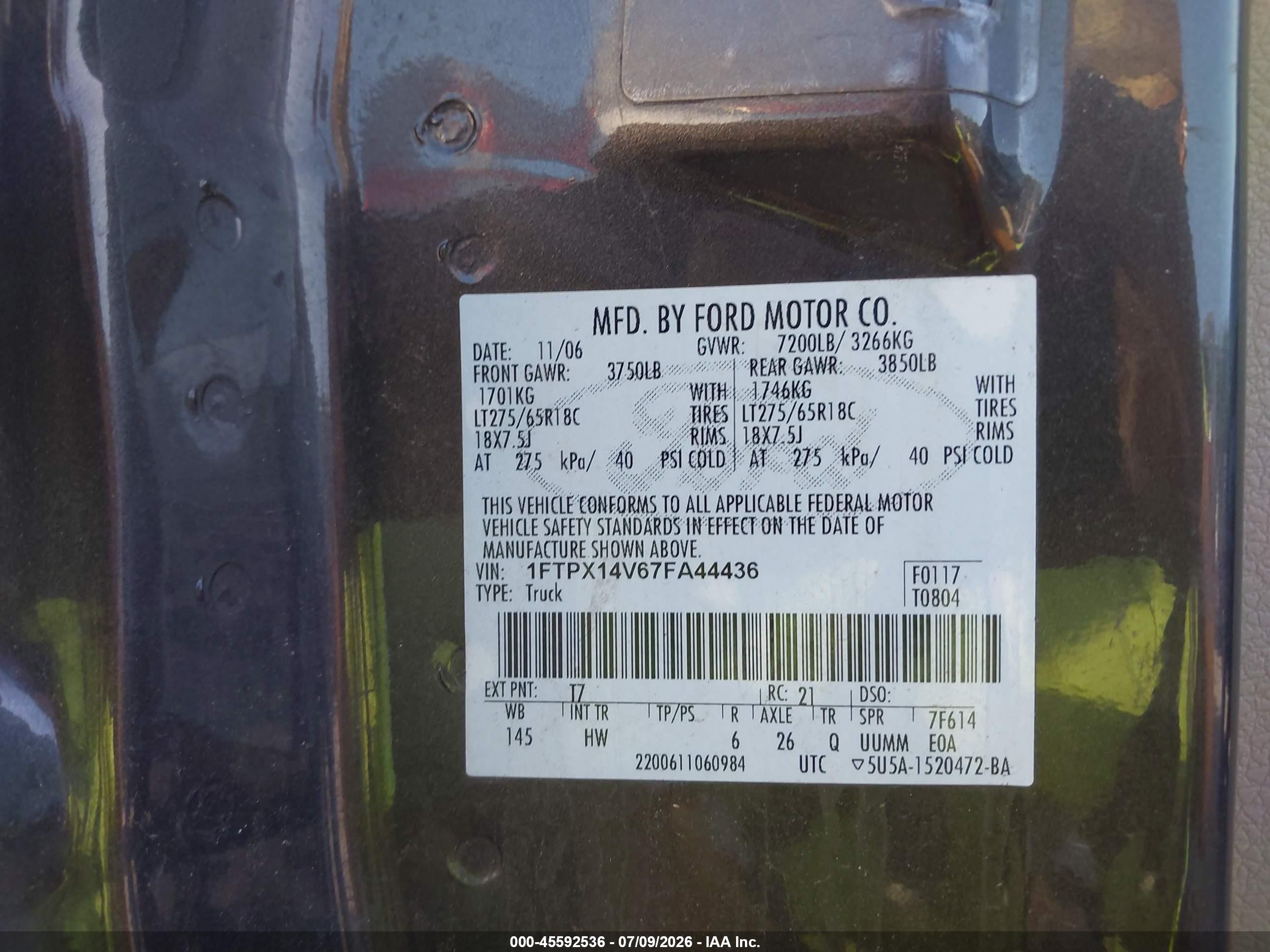 2007 Ford F-150 Fx4/lariat/xl/xlt Серый vin: 1FTPX14V67FA44436