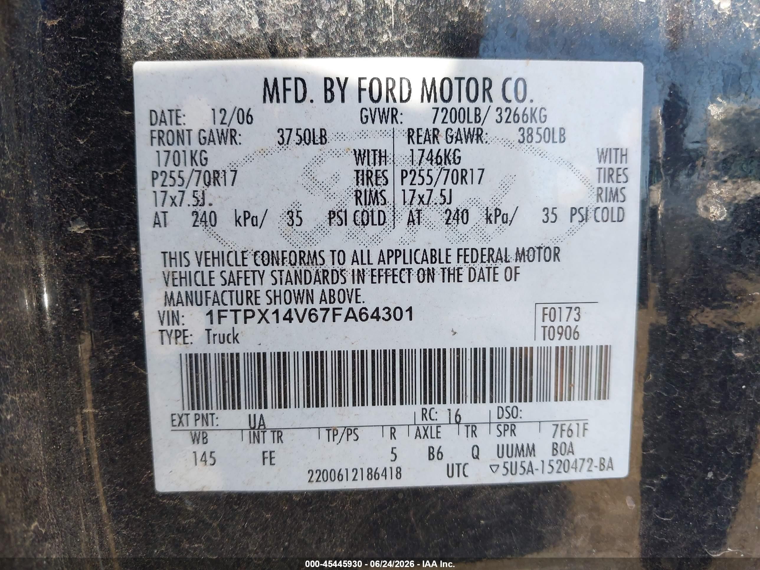 2007 Ford F-150 Fx4/lariat/xl/xlt Black vin: 1FTPX14V67FA64301