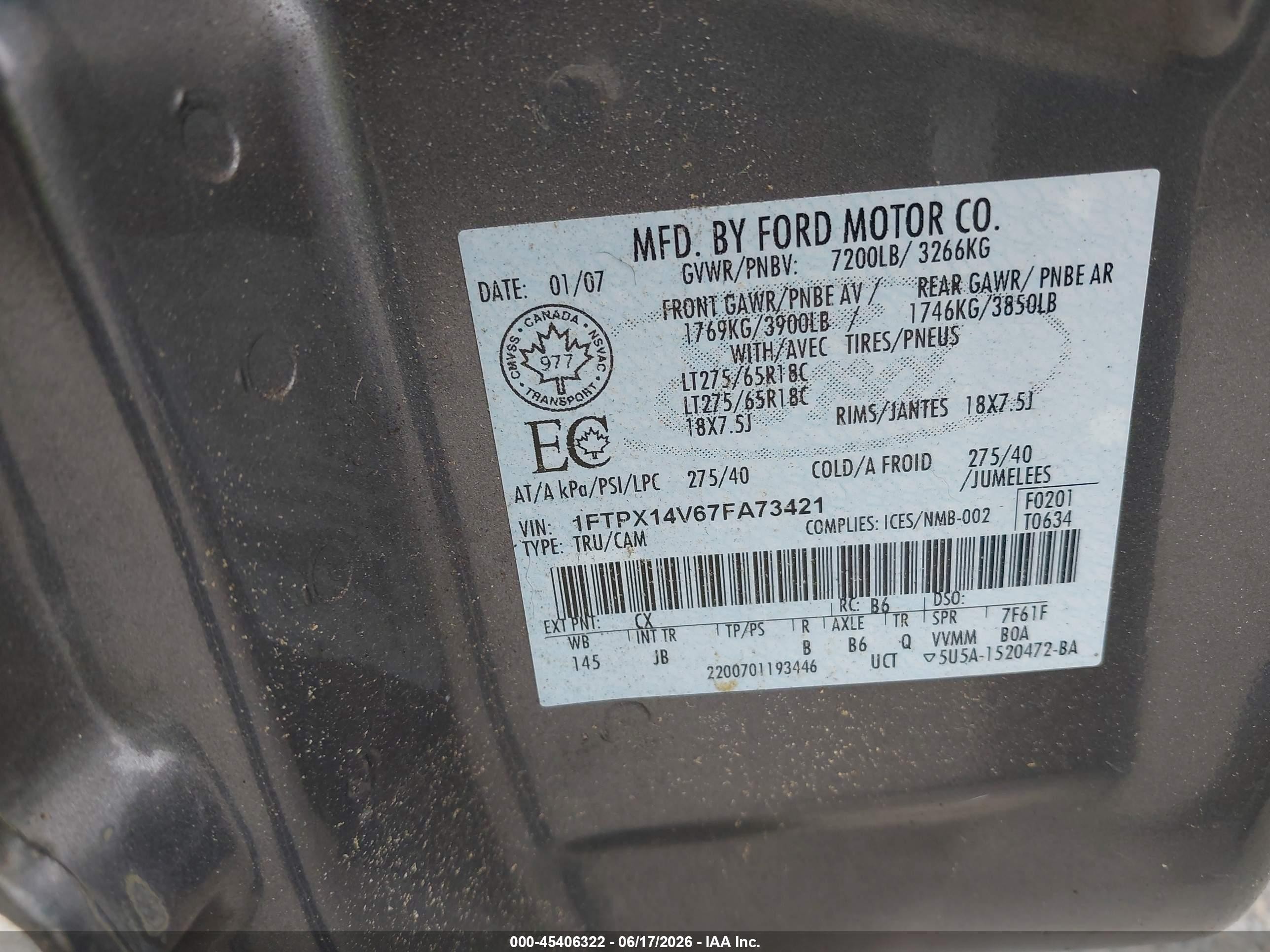 2007 Ford F-150 Fx4/lariat/xl/xlt Серый vin: 1FTPX14V67FA73421