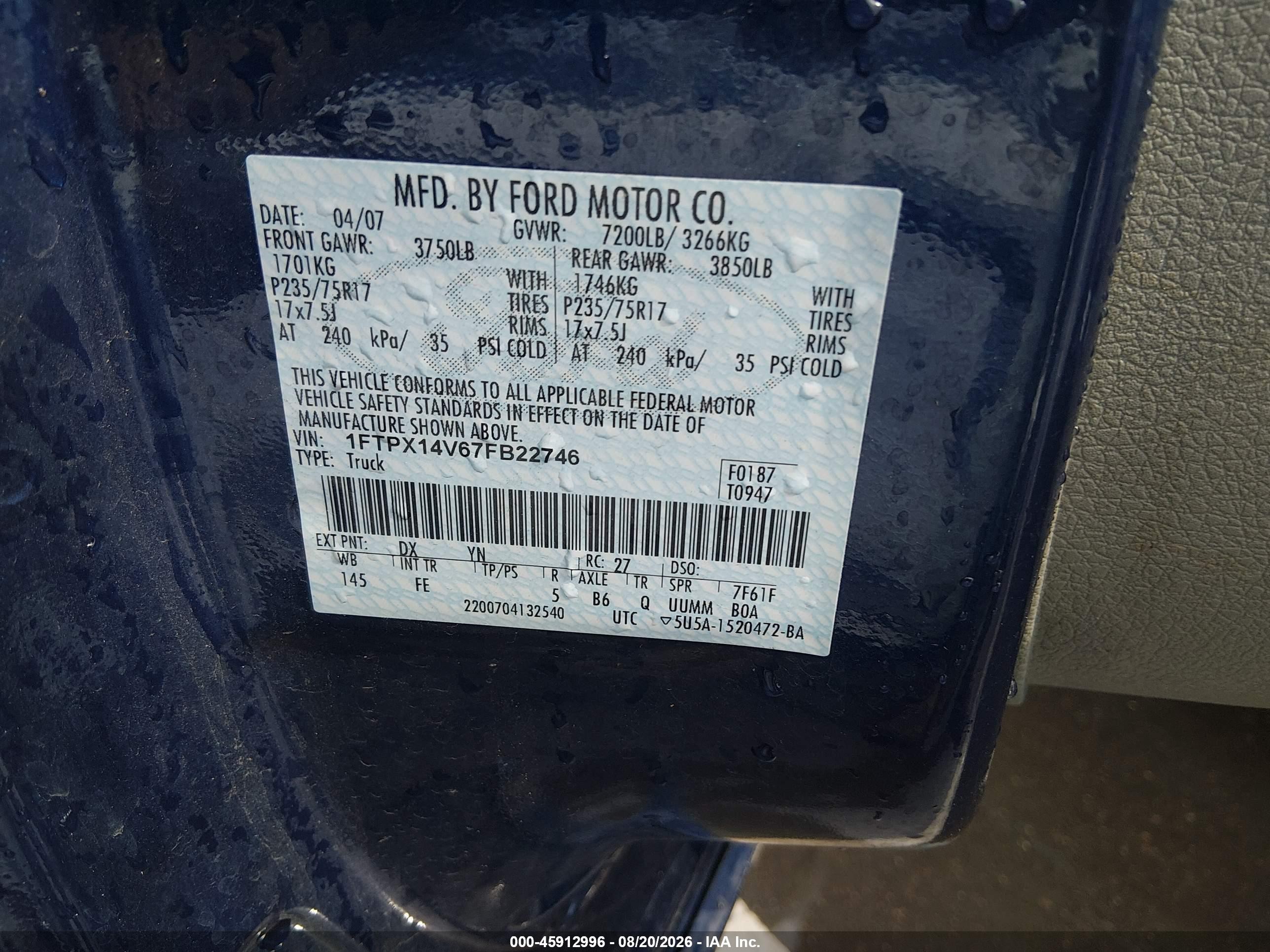 2007 Ford F-150 Fx4/lariat/xl/xlt Blue vin: 1FTPX14V67FB22746