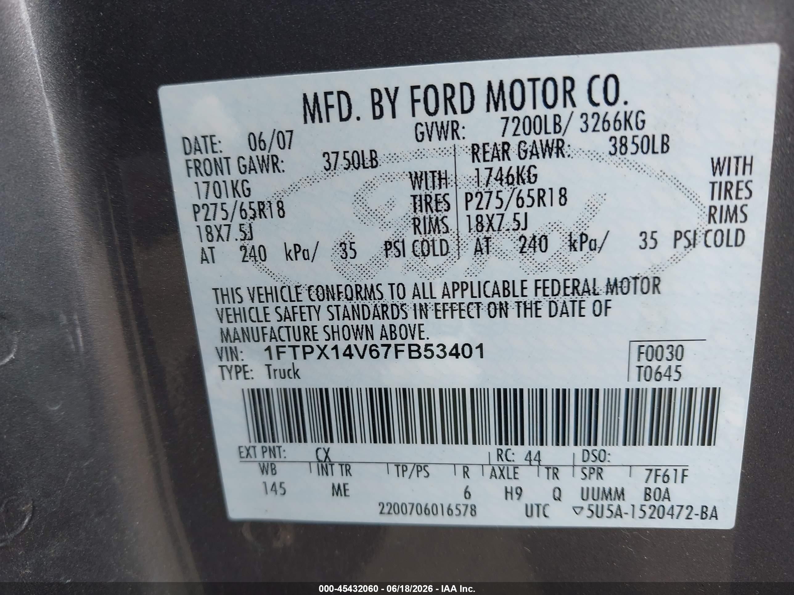 2007 Ford F-150 Fx4/lariat/xl/xlt Gray vin: 1FTPX14V67FB53401