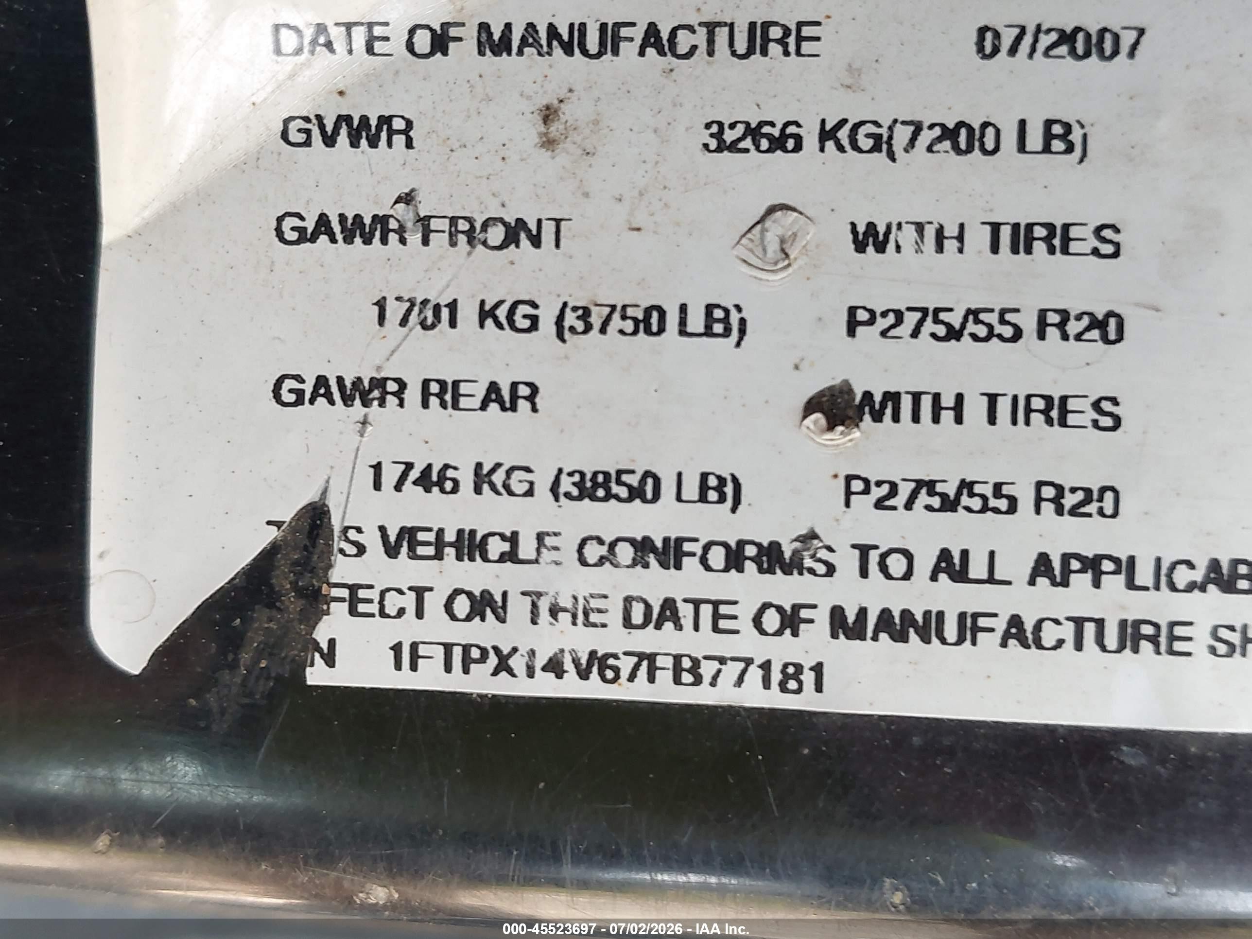 2007 Ford F-150 Fx4/lariat/xl/xlt Black vin: 1FTPX14V67FB77181