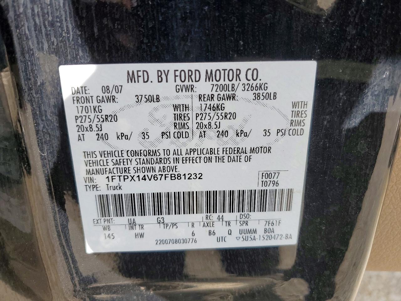 2007 Ford F150 Black vin: 1FTPX14V67FB81232