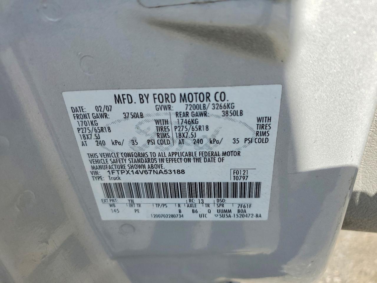 2007 Ford F150 Silver vin: 1FTPX14V67NA53188