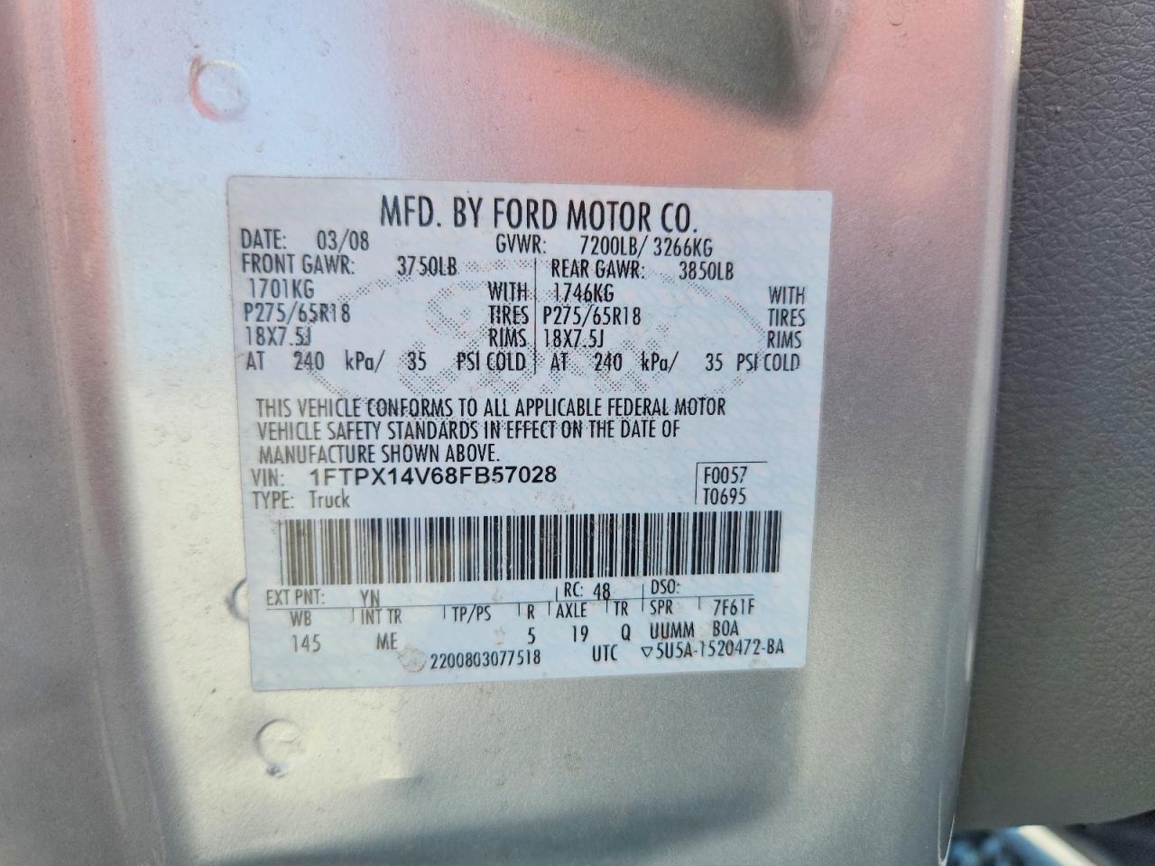 2008 Ford F150 Silver vin: 1FTPX14V68FB57028