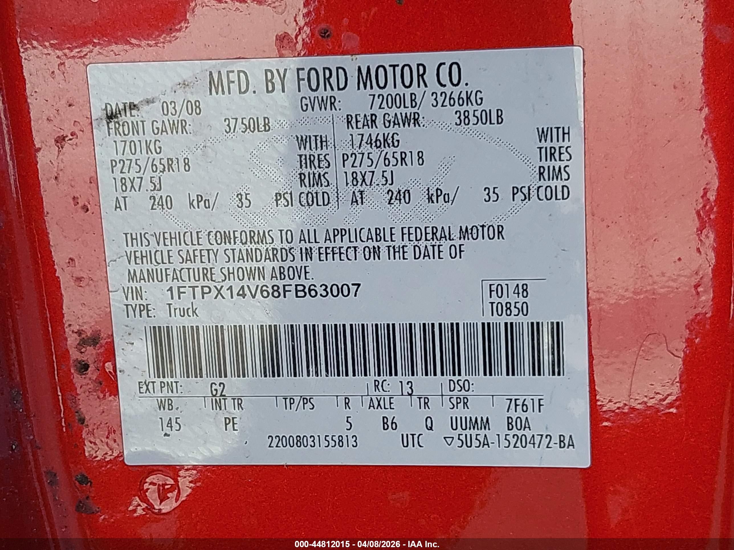 2008 Ford F-150 Fx4/lariat/xl/xlt Red vin: 1FTPX14V68FB63007