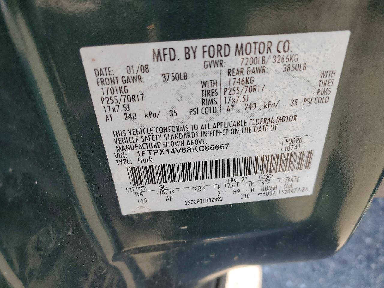 2008 Ford F-150 Green vin: 1FTPX14V68KC86667