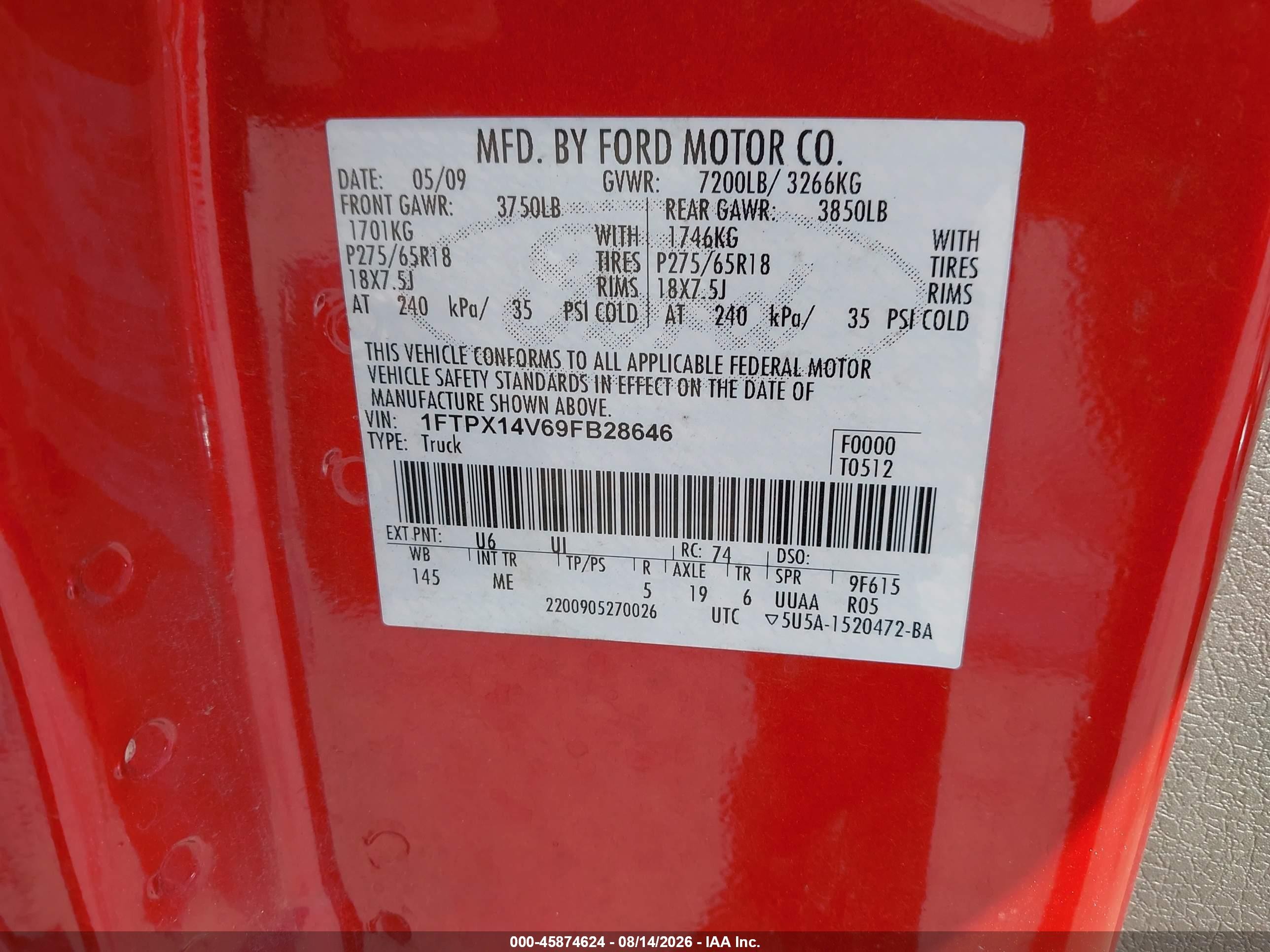 2009 Ford F-150 Fx4/lariat/xl/xlt Red vin: 1FTPX14V69FB28646
