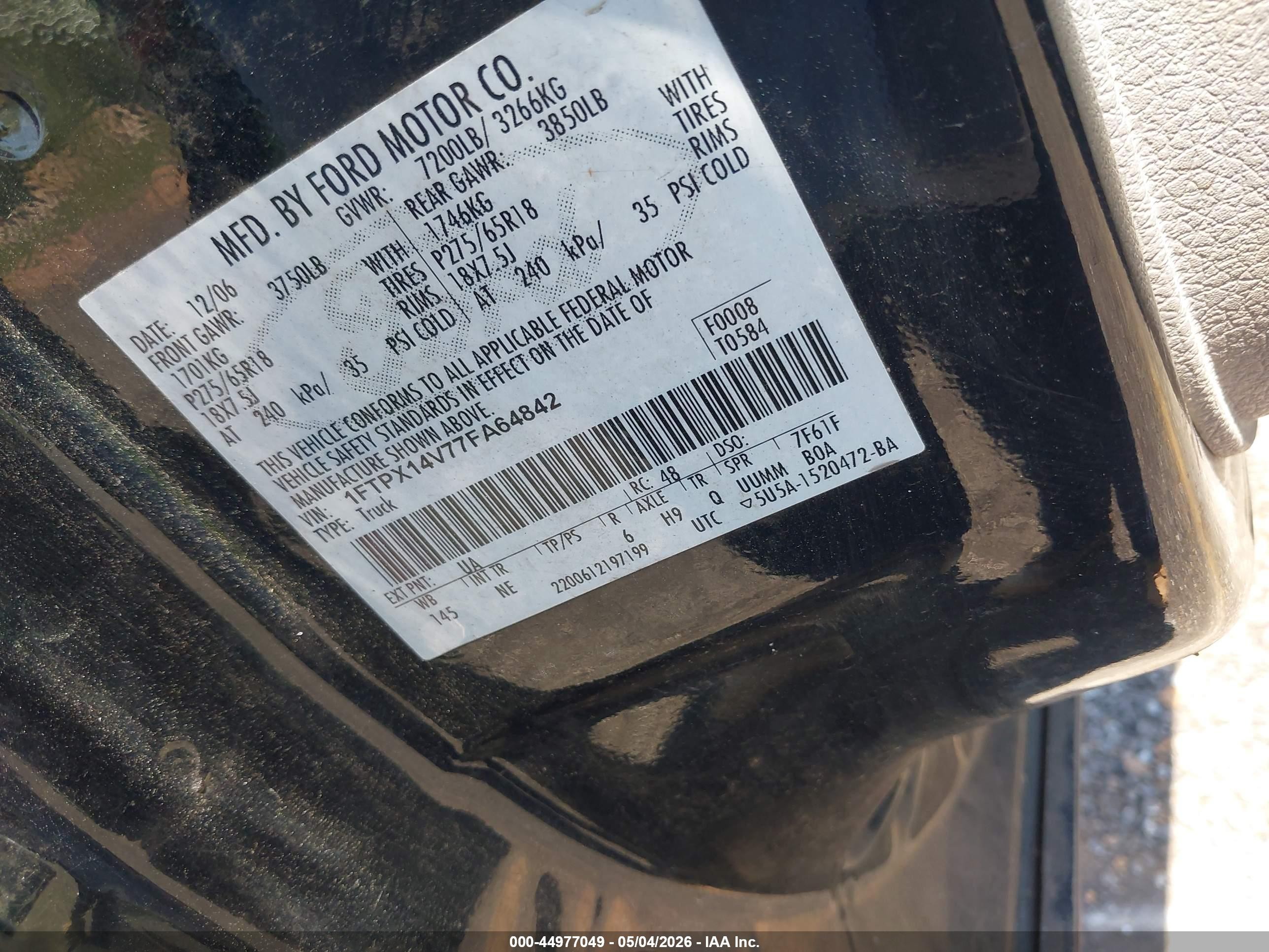 2007 Ford F-150 Fx4/lariat/xl/xlt Black vin: 1FTPX14V77FA64842