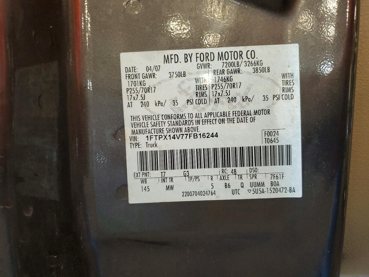 2007 Ford F150 Two Tone vin: 1FTPX14V77FB16244
