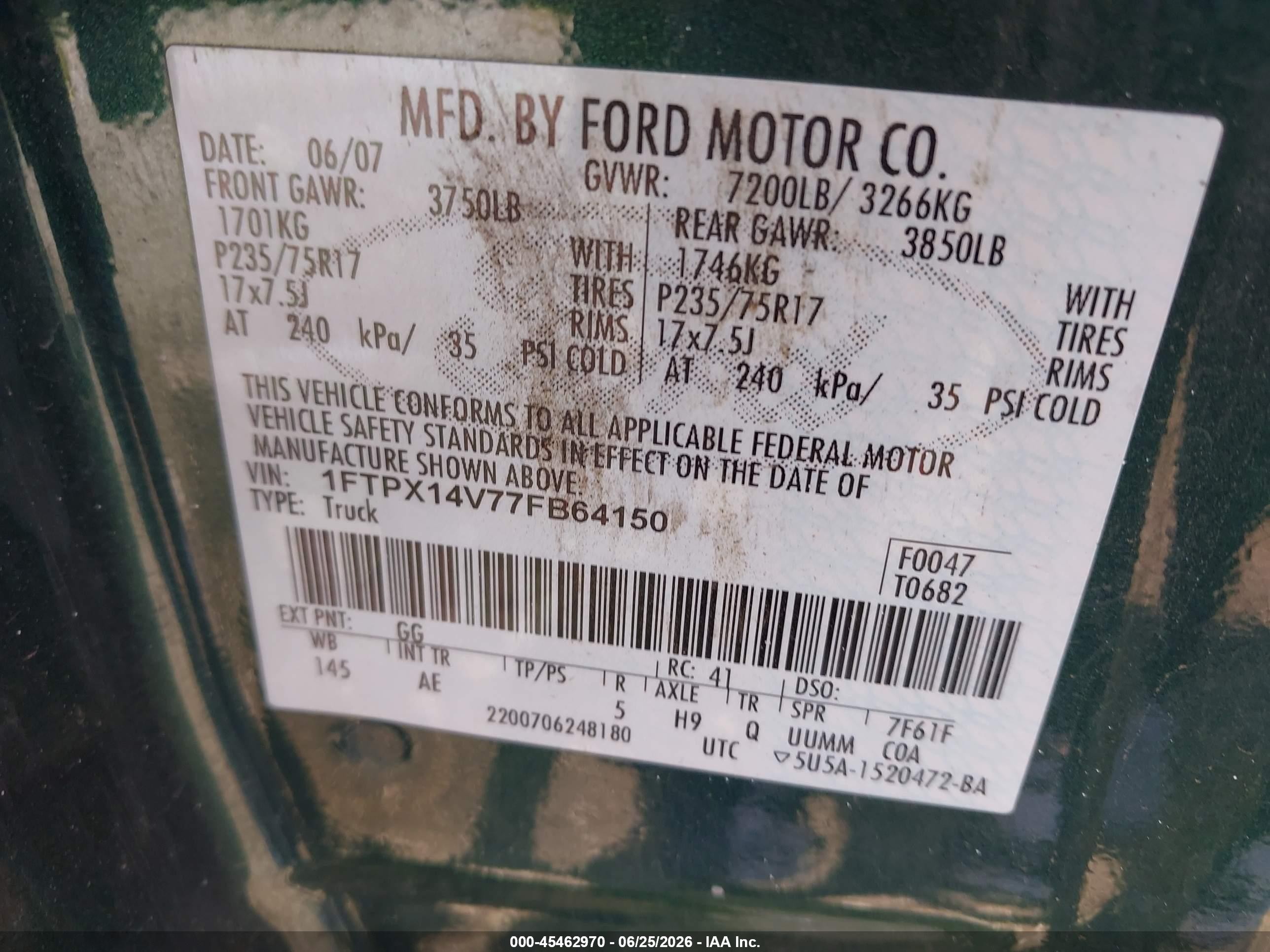 2007 Ford F-150 Fx4/lariat/xl/xlt Green vin: 1FTPX14V77FB64150
