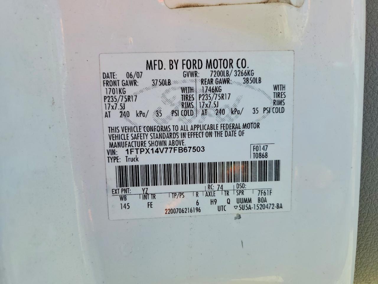 2007 Ford 150 White vin: 1FTPX14V77FB67503
