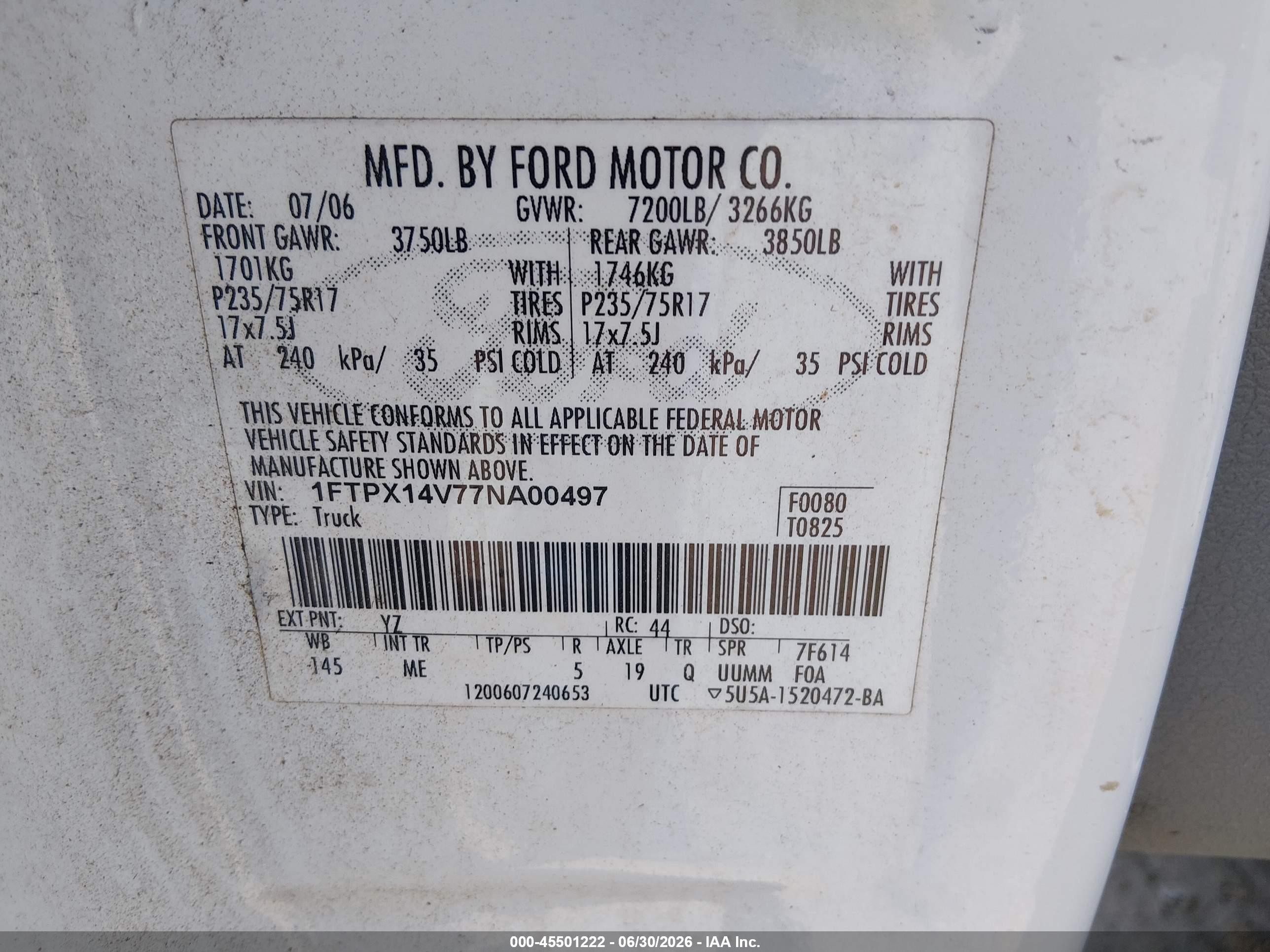 2007 Ford F-150 Fx4/lariat/xl/xlt White vin: 1FTPX14V77NA00497