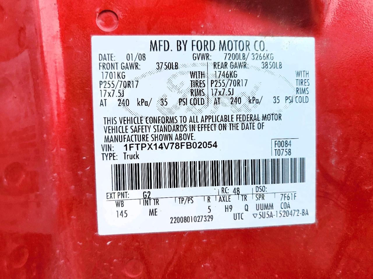 2008 Ford F150 Red vin: 1FTPX14V78FB02054
