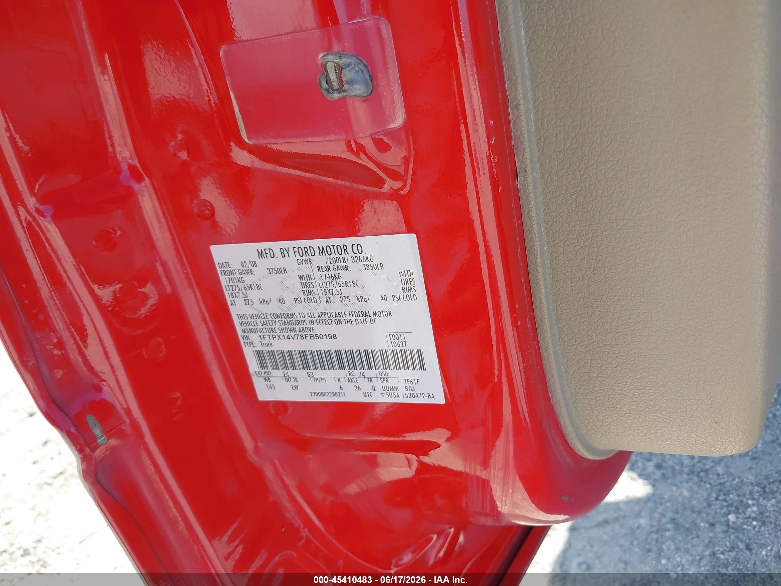 2008 Ford F-150 Lariat Red vin: 1FTPX14V78FB50198
