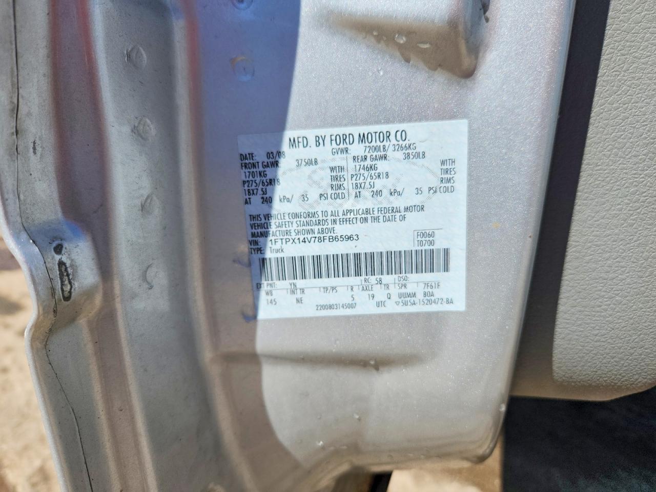 2008 Ford F150 Silver vin: 1FTPX14V78FB65963
