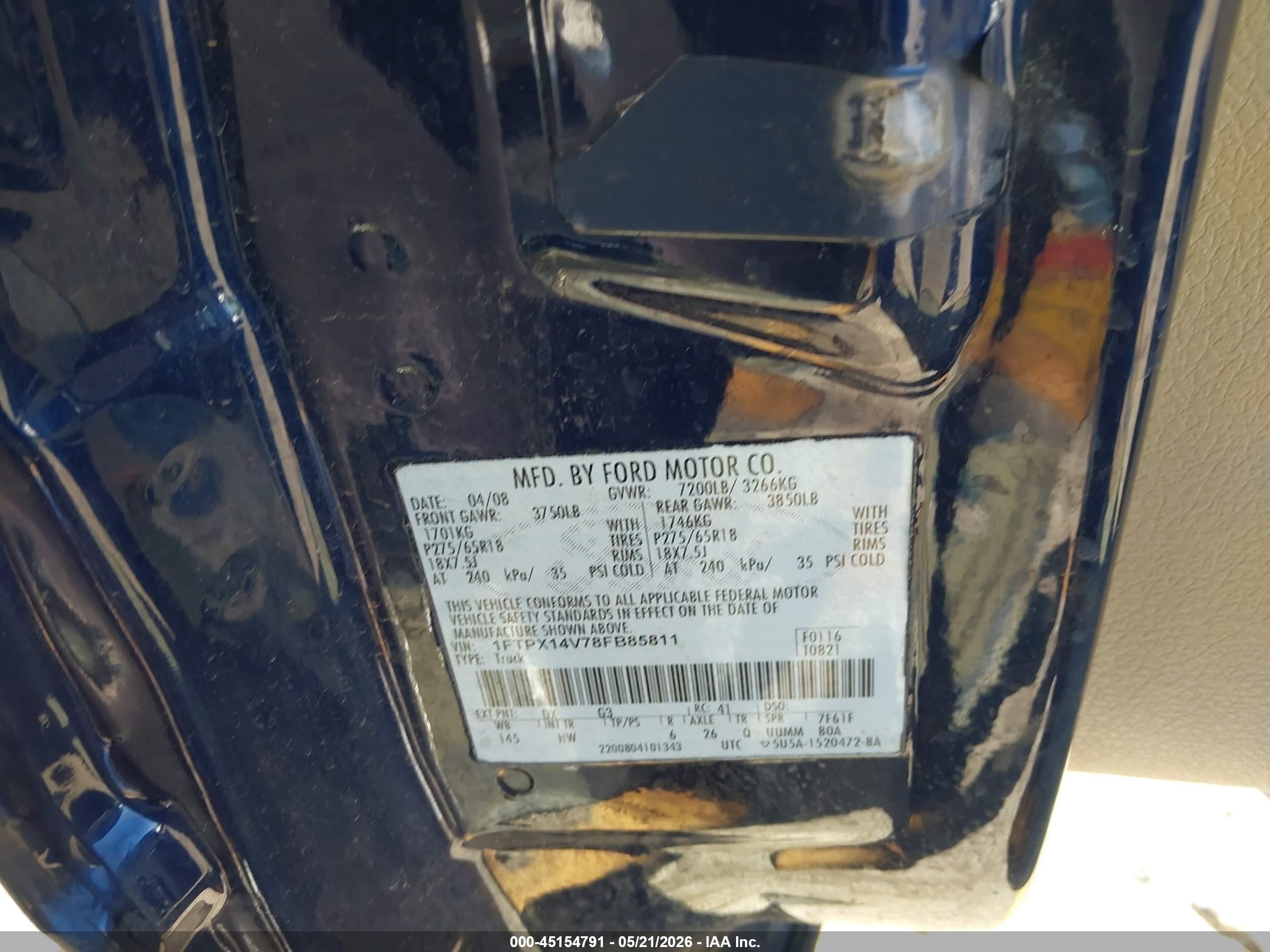 2008 Ford F-150 Fx4/lariat/xl/xlt Blue vin: 1FTPX14V78FB85811