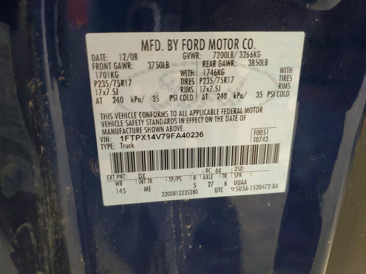 2009 Ford F150 Super Cab Blue vin: 1FTPX14V79FA40236