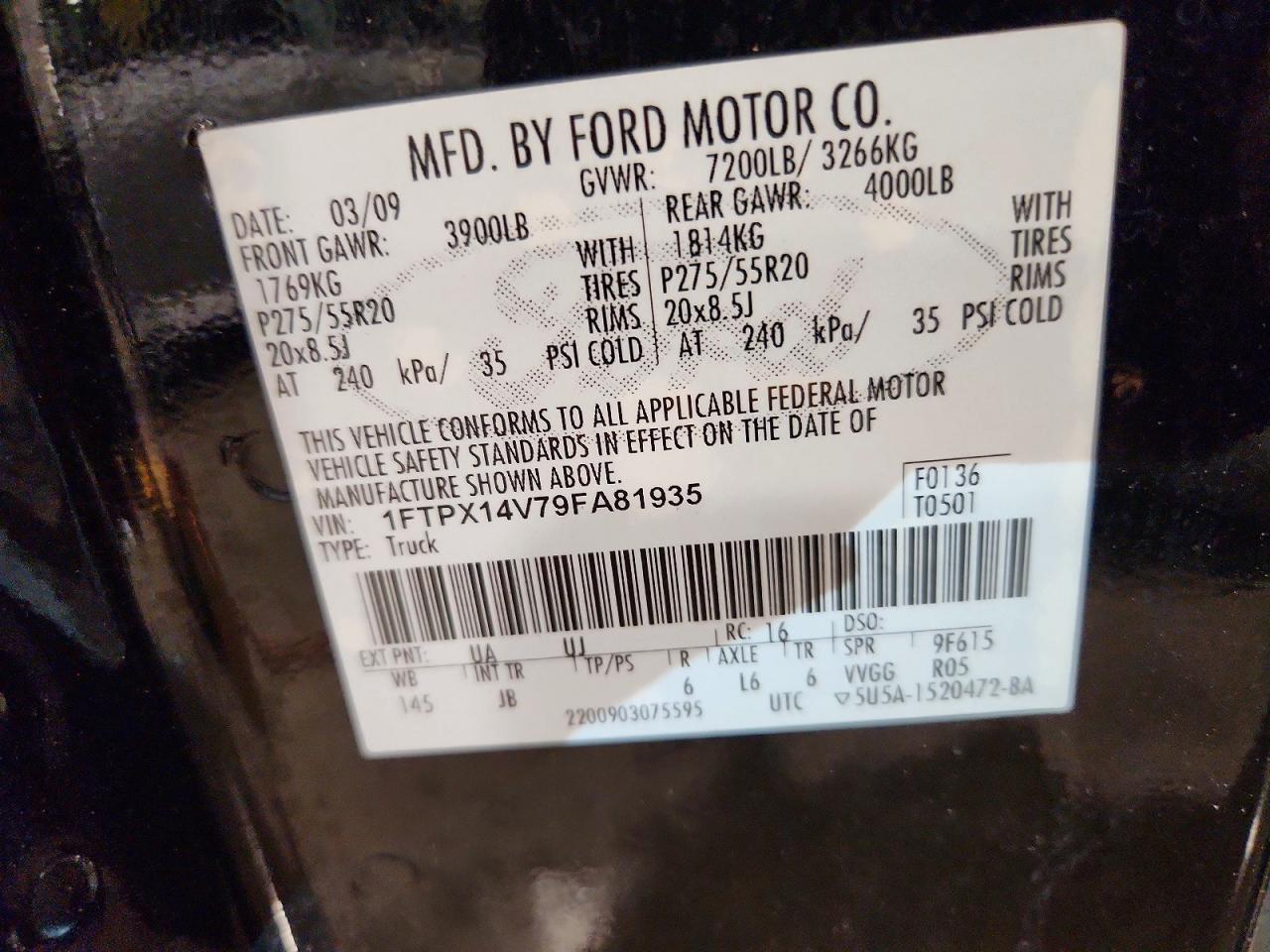 2009 Ford F150 Super Cab Black vin: 1FTPX14V79FA81935