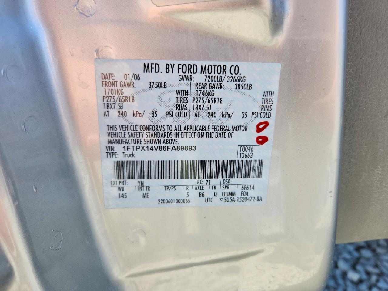 2006 Ford F150 Silver vin: 1FTPX14V86FA89893