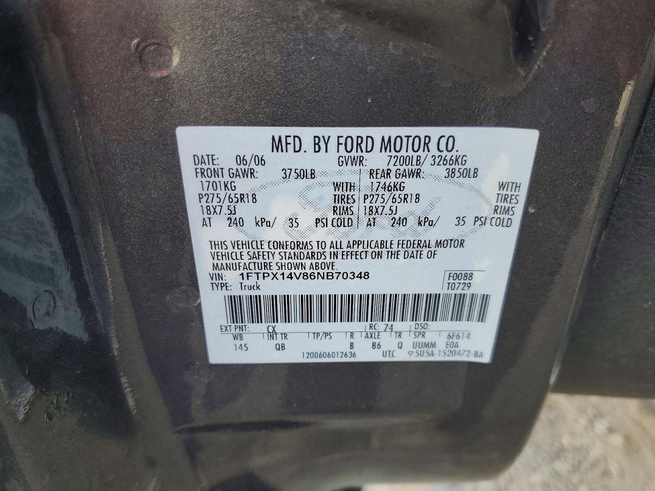2006 Ford F150 Серый vin: 1FTPX14V86NB70348