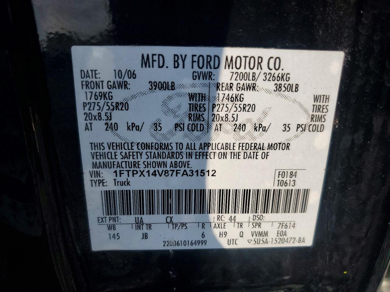 2007 Ford F150 Black vin: 1FTPX14V87FA31512