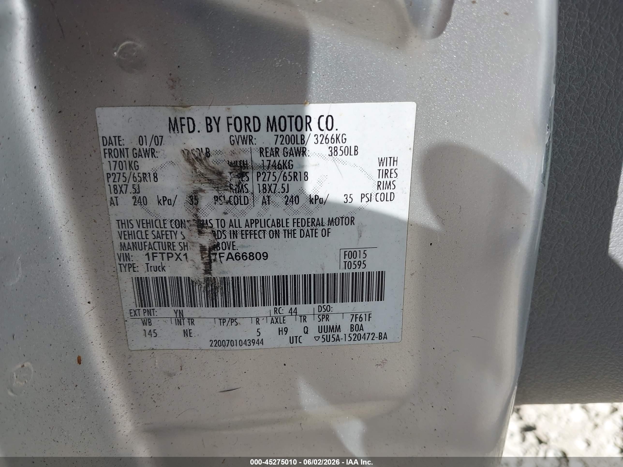 2007 Ford F-150 Fx4/lariat/xl/xlt Silver vin: 1FTPX14V87FA66809