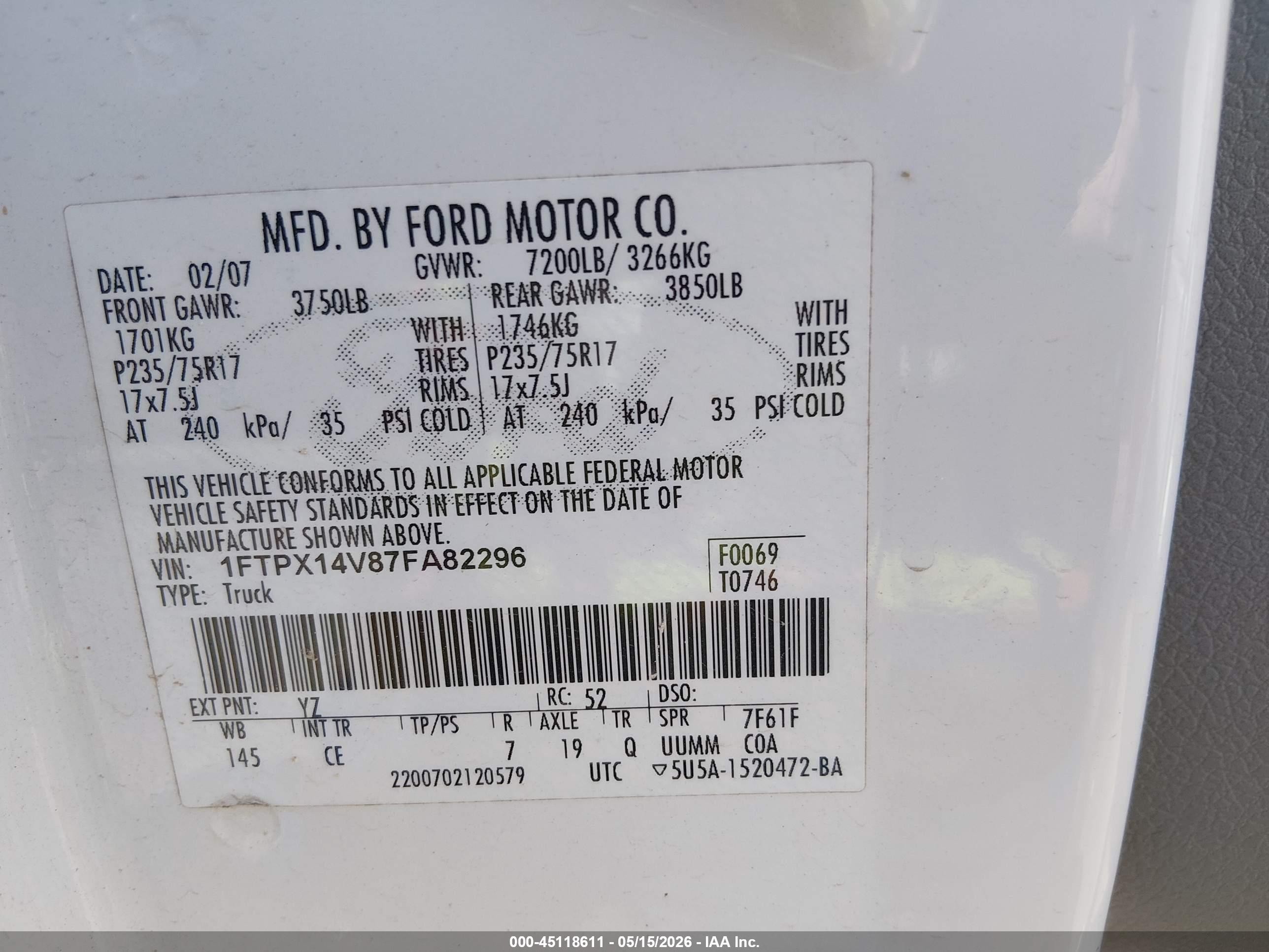2007 Ford F-150 Fx4/lariat/xl/xlt White vin: 1FTPX14V87FA82296