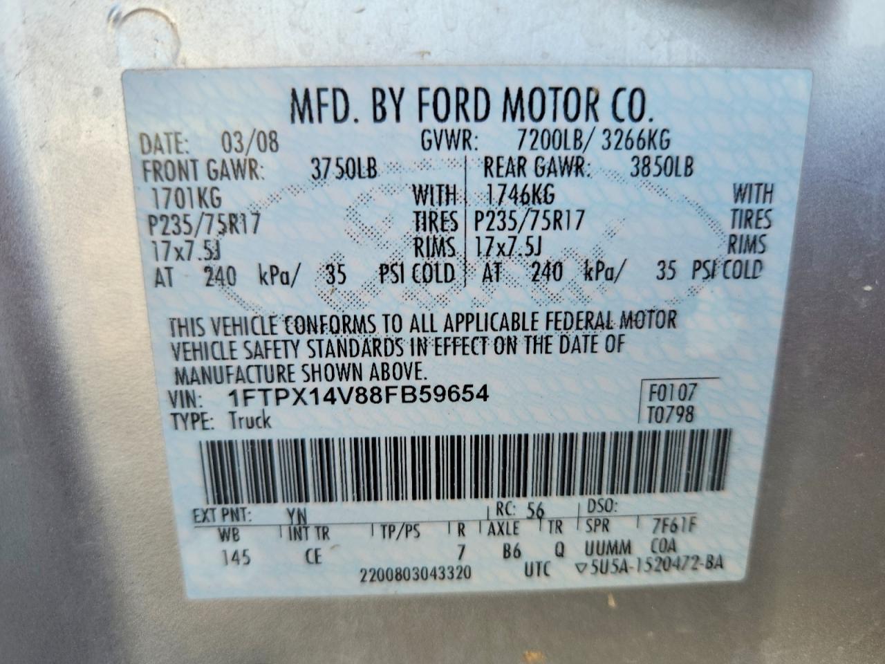 2008 Ford F150 Silver vin: 1FTPX14V88FB59654
