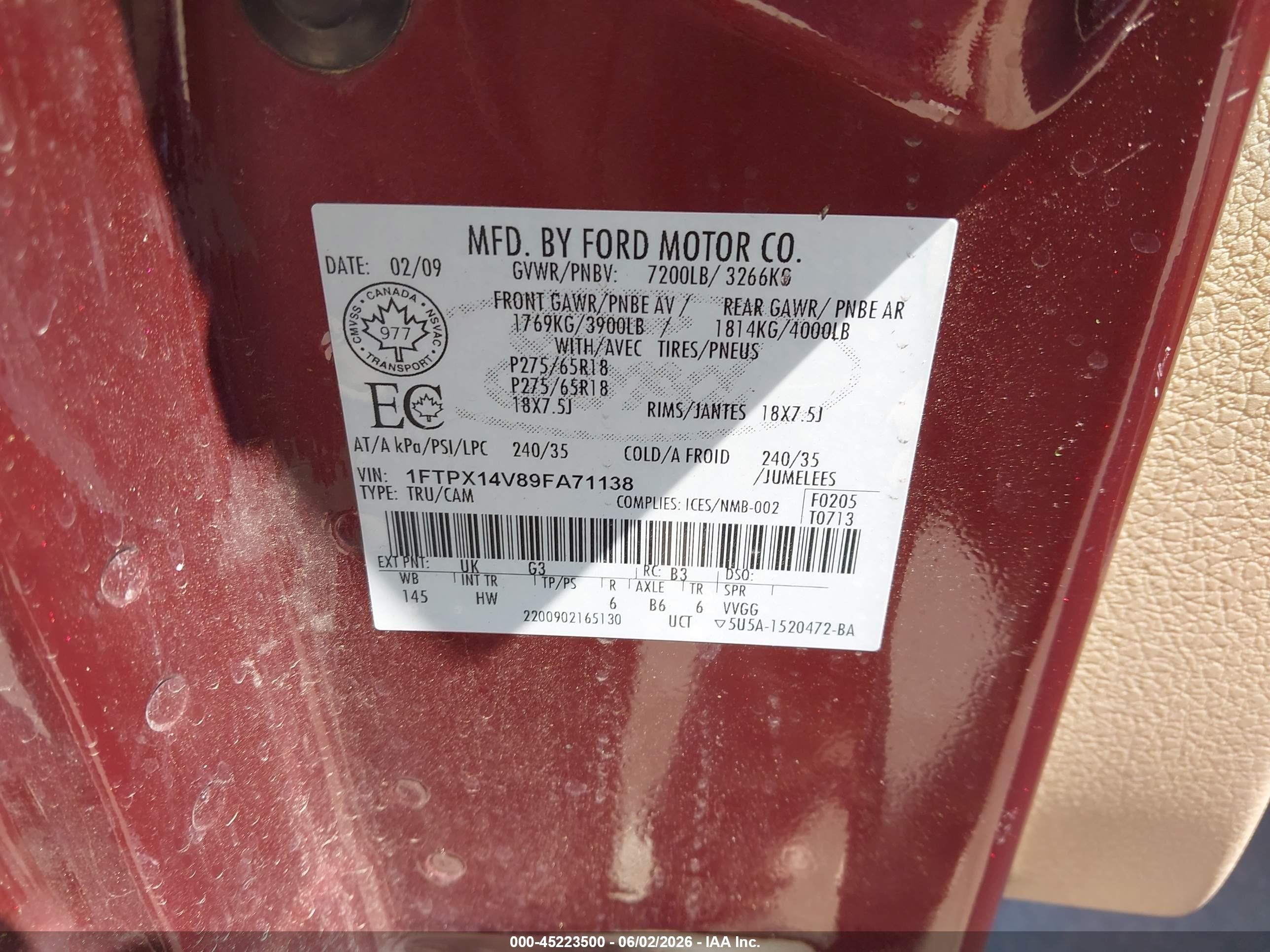 2009 Ford F-150 Lariat Burgundy vin: 1FTPX14V89FA71138