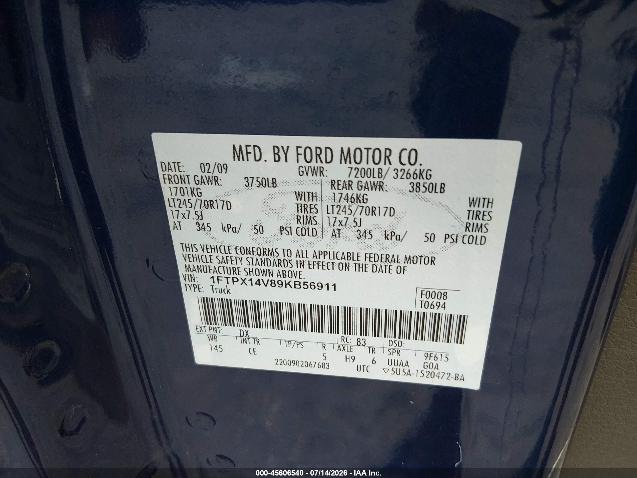 2009 Ford F-150 Fx4/lariat/xl/xlt Blue vin: 1FTPX14V89KB56911