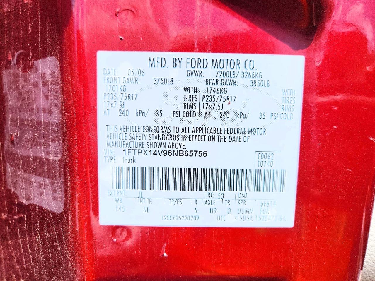 2006 Ford F150 Burgundy vin: 1FTPX14V96NB65756