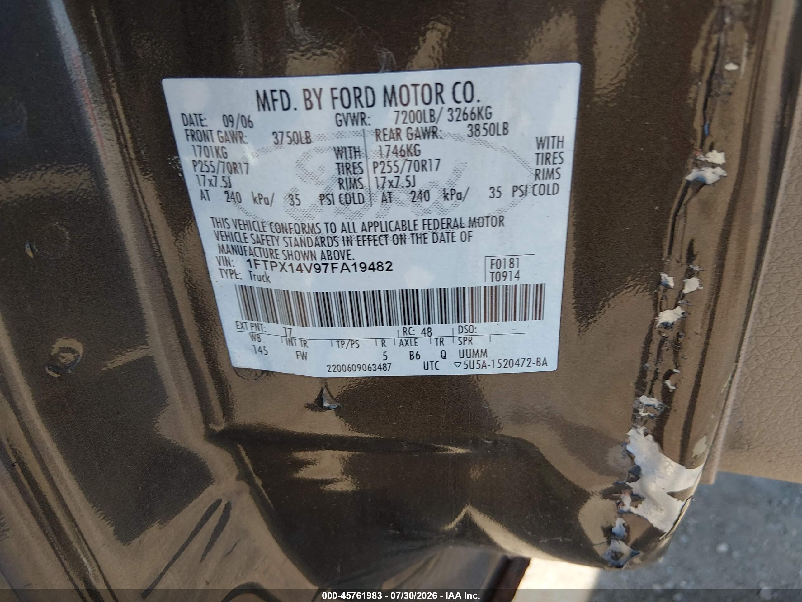 2007 Ford F-150 Fx4/lariat/xl/xlt Коричневый vin: 1FTPX14V97FA19482