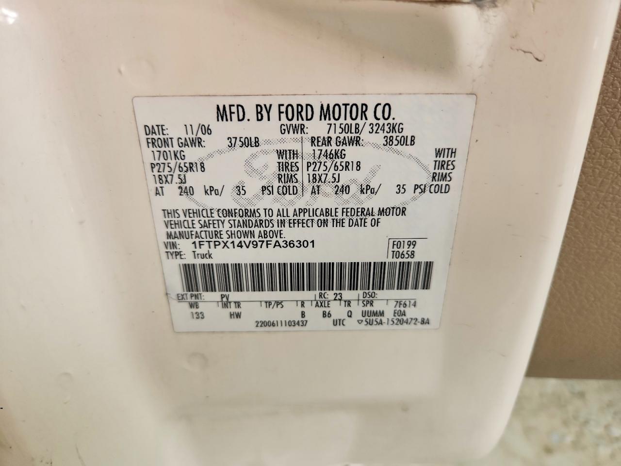 2007 Ford F150 Green vin: 1FTPX14V97FA36301