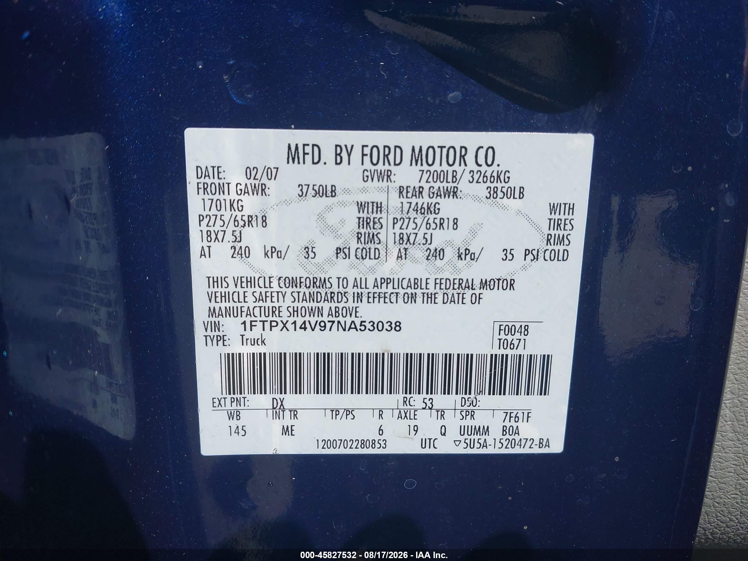 2007 Ford F-150 Fx4/lariat/xl/xlt Blue vin: 1FTPX14V97NA53038