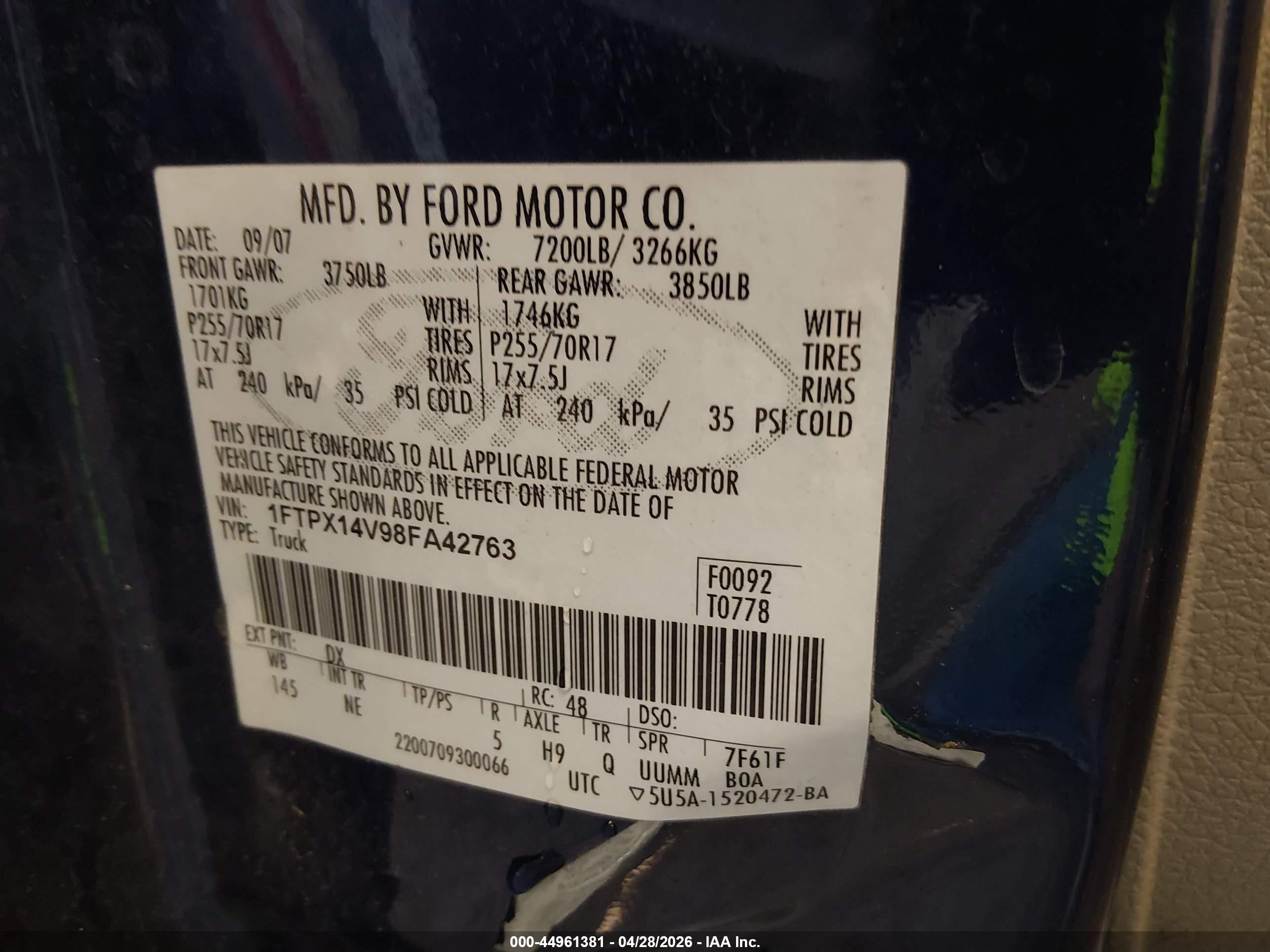 2008 Ford F-150 Fx4/lariat/xl/xlt Blue vin: 1FTPX14V98FA42763