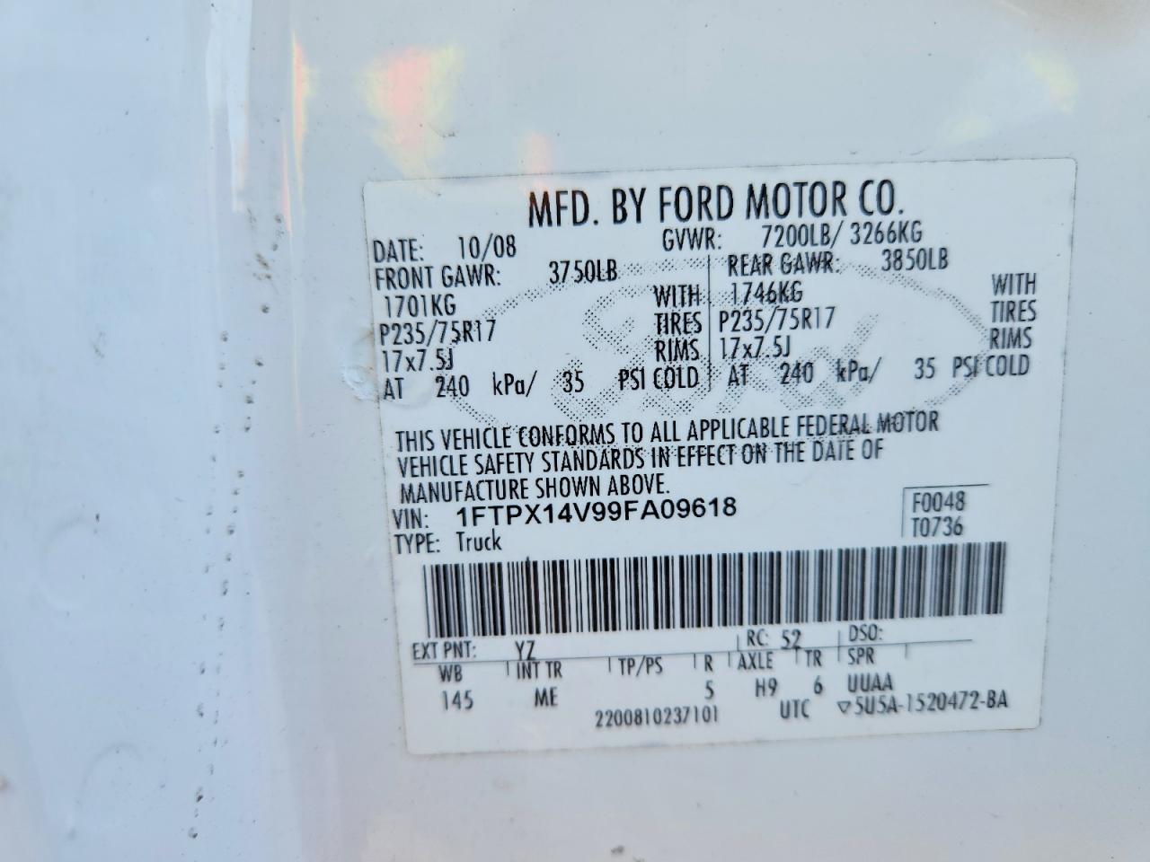 2009 Ford F150 Super Cab Белый vin: 1FTPX14V99FA09618