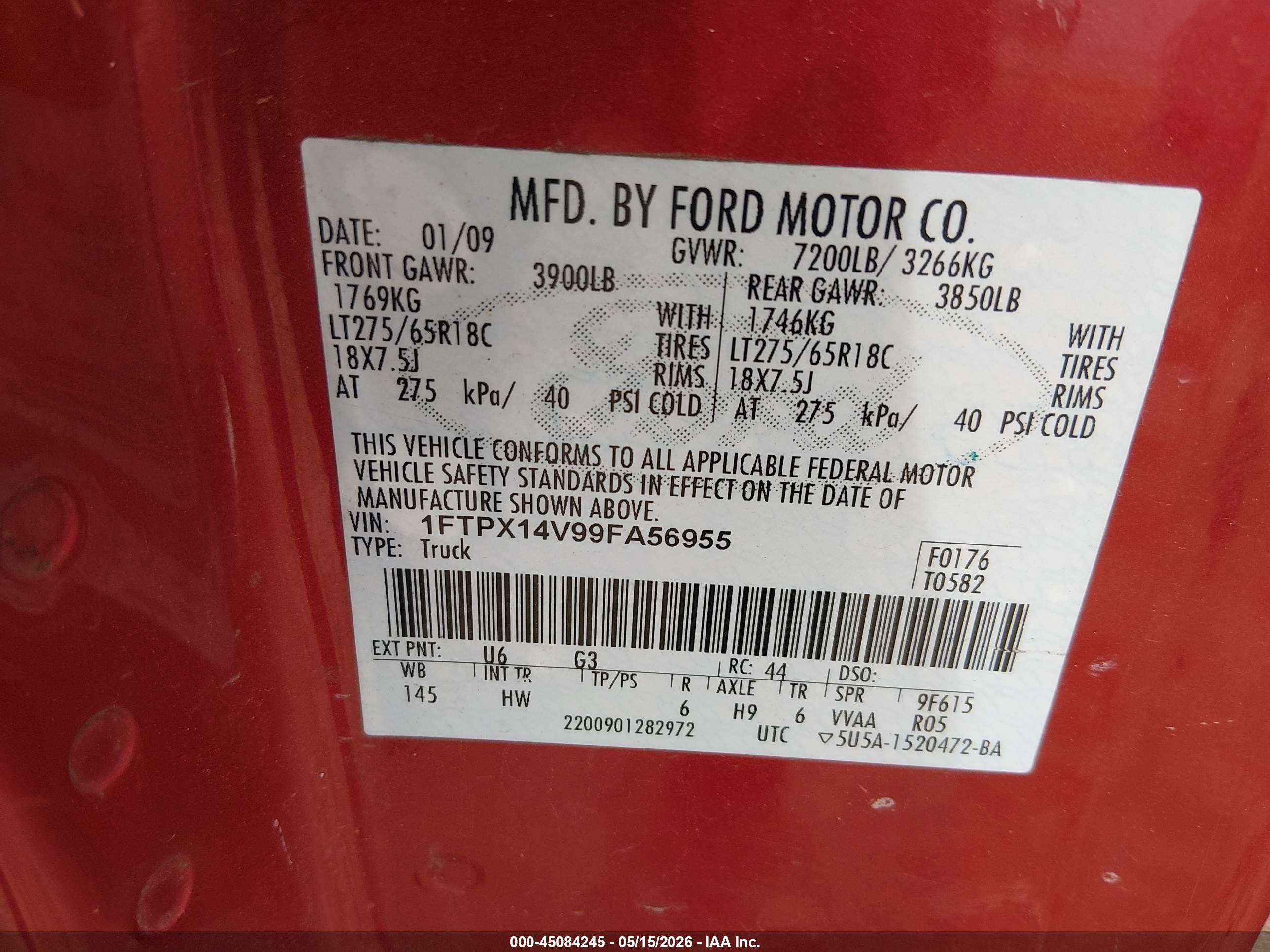 2009 Ford F-150 Fx4/lariat/xl/xlt Красный vin: 1FTPX14V99FA56955